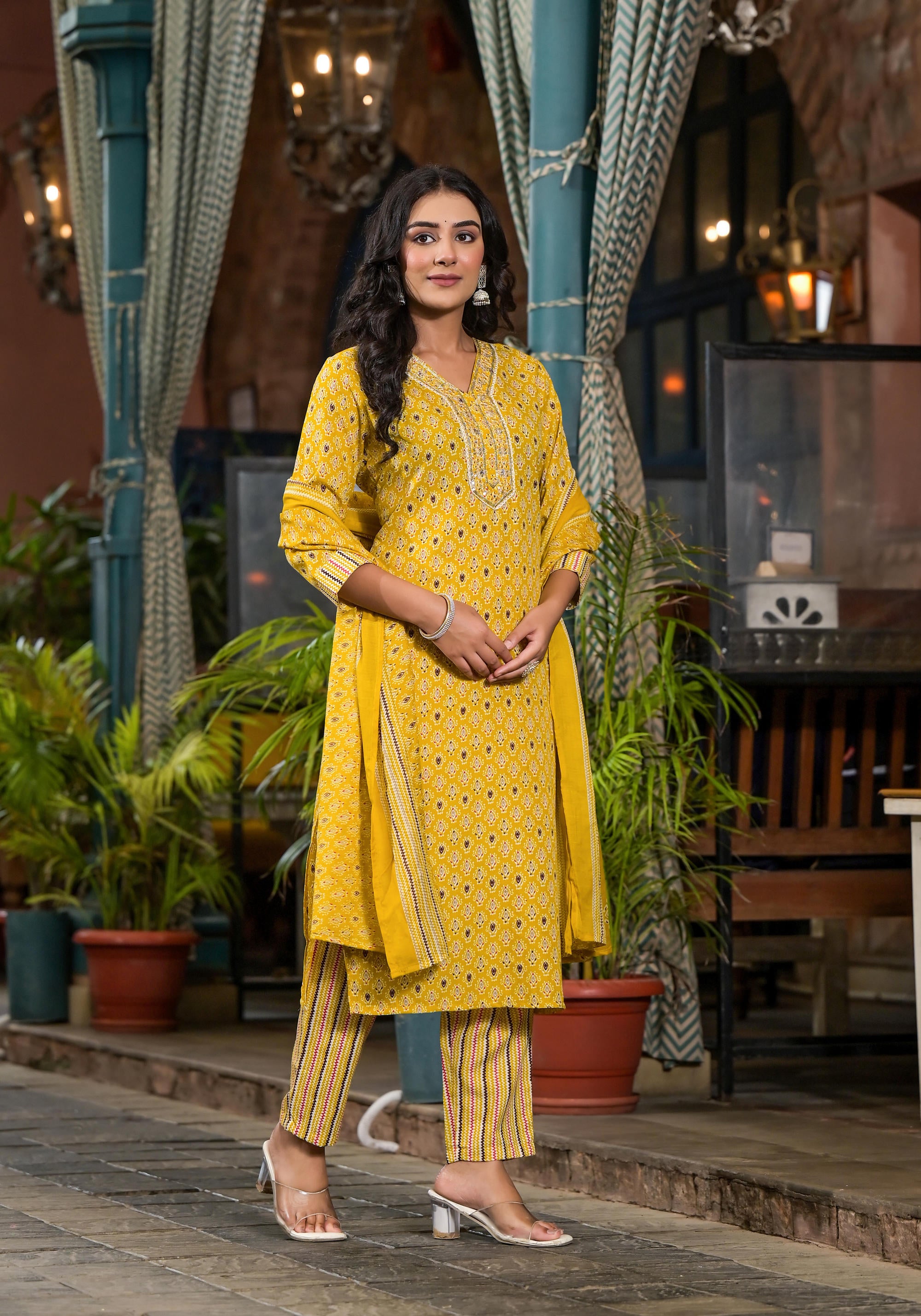 Mustard Ethnic Motif Printed Cotton Kurta Pant And Dupatta Set With Mirror work & Sequins