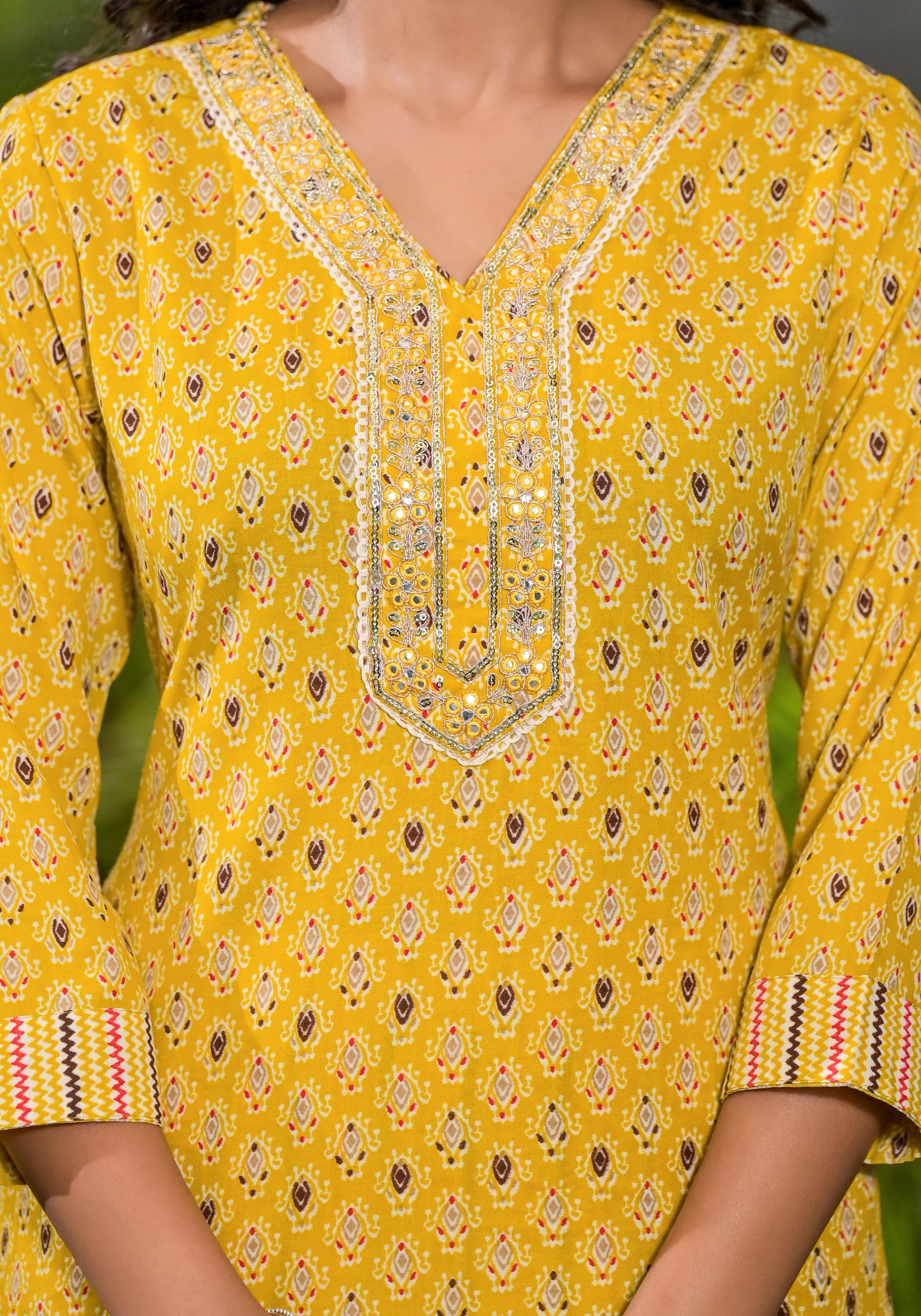 Mustard Ethnic Motif Printed Cotton Kurta Pant And Dupatta Set With Mirror work & Sequins