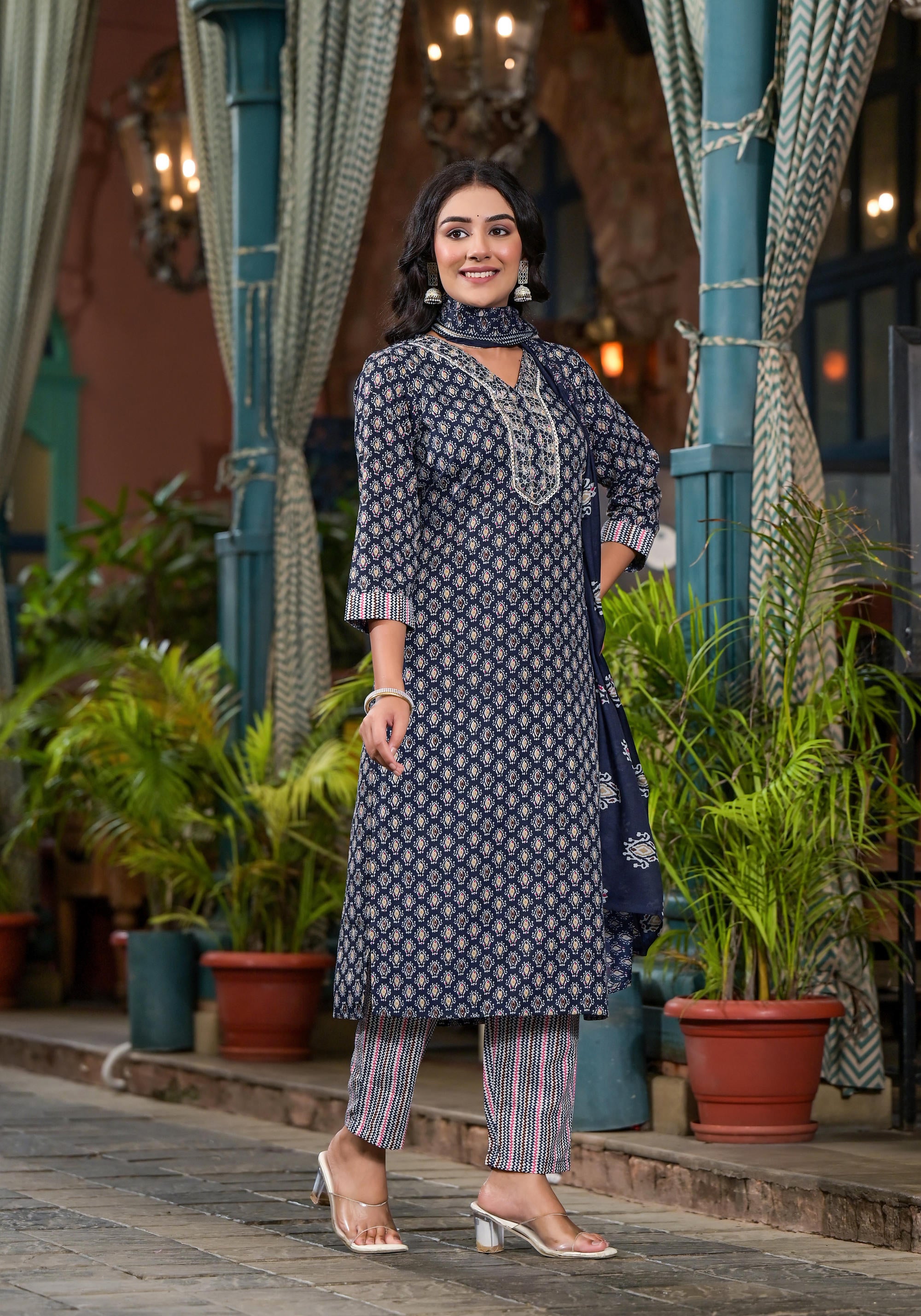 Navy Ethnic Motif Printed Cotton Kurta Pant And Dupatta Set With Mirror Work & Sequins