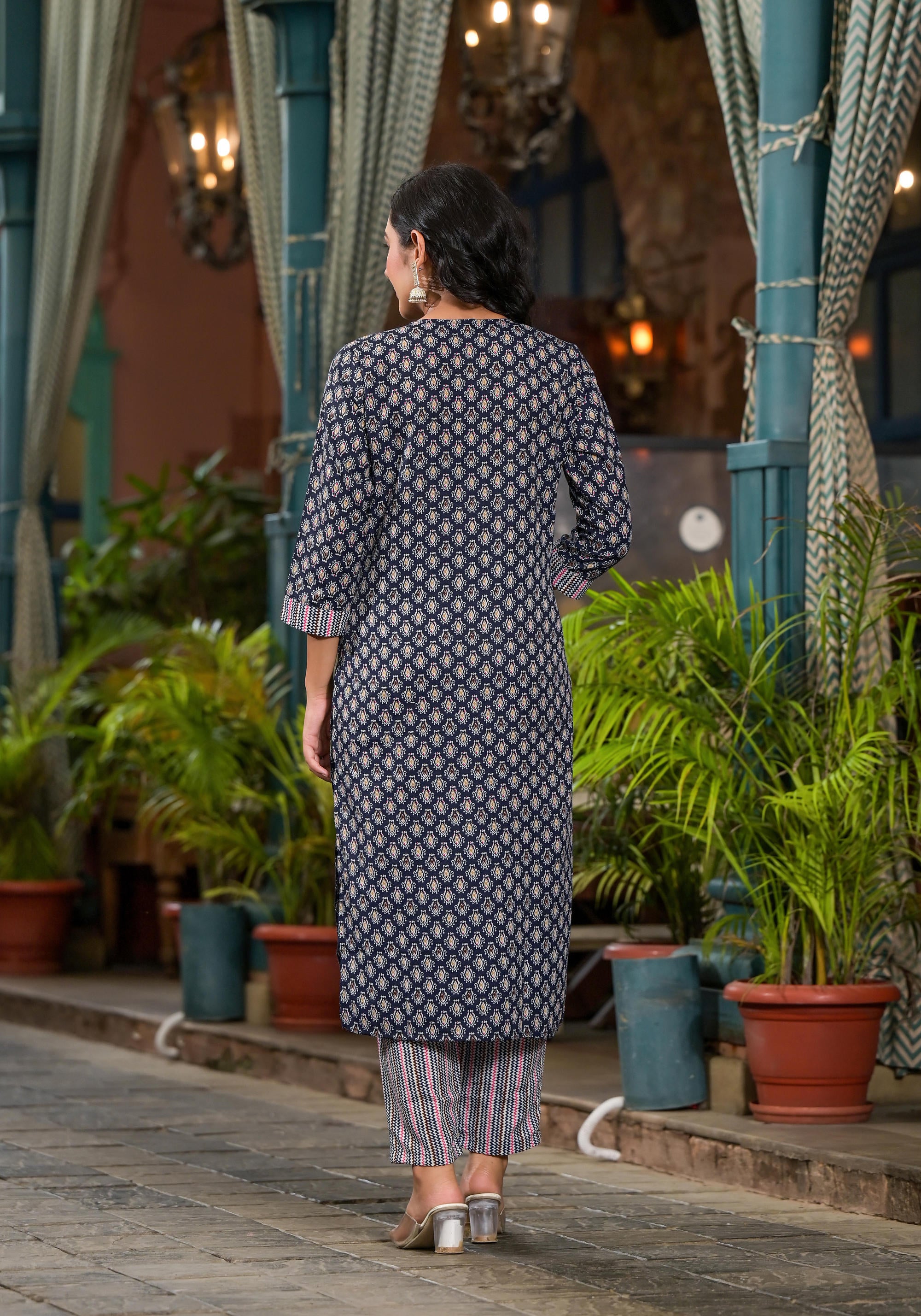 Navy Ethnic Motif Printed Cotton Kurta Pant And Dupatta Set With Mirror Work & Sequins