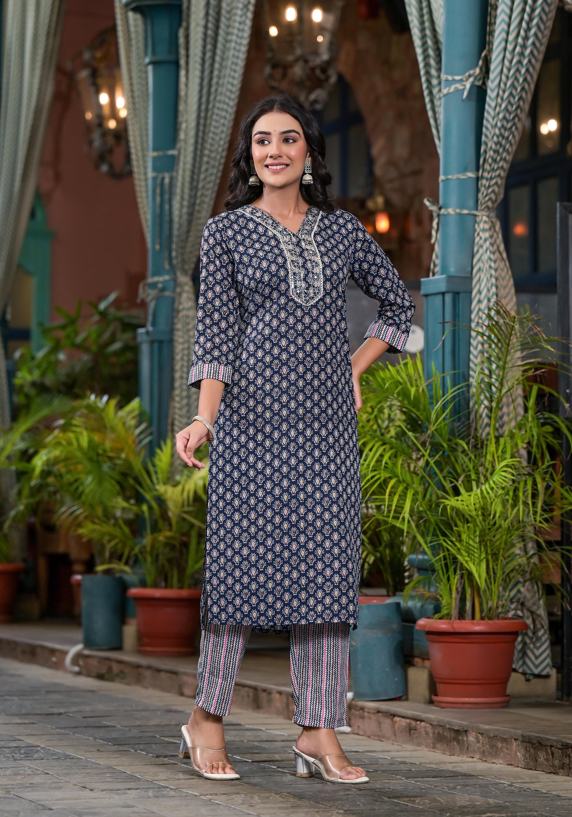 Navy Ethnic Motif Printed Cotton Kurta Pant And Dupatta Set With Mirror Work & Sequins