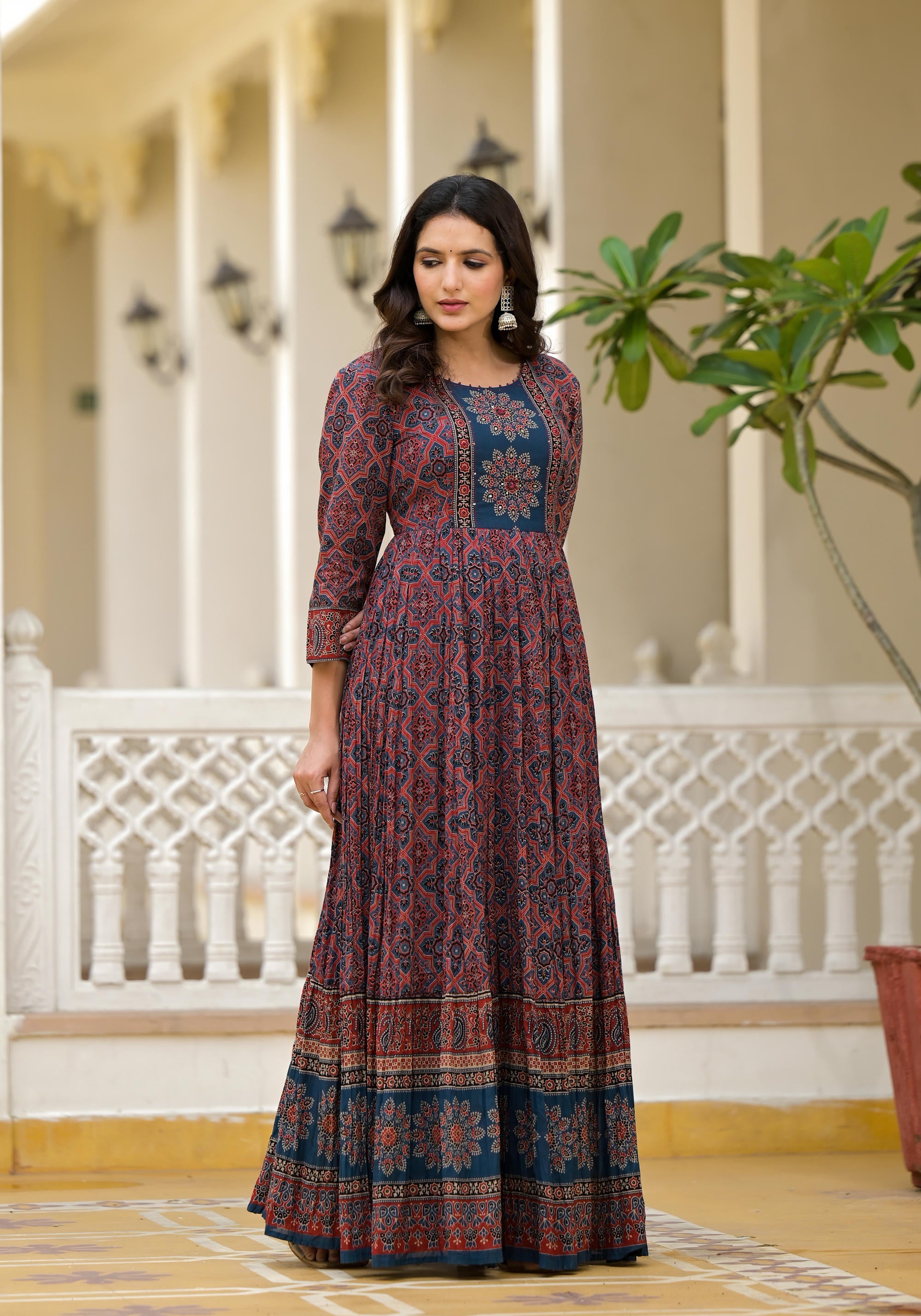 Blue Ethnic Motif Printed Cotton Dress With Sequins & Beads