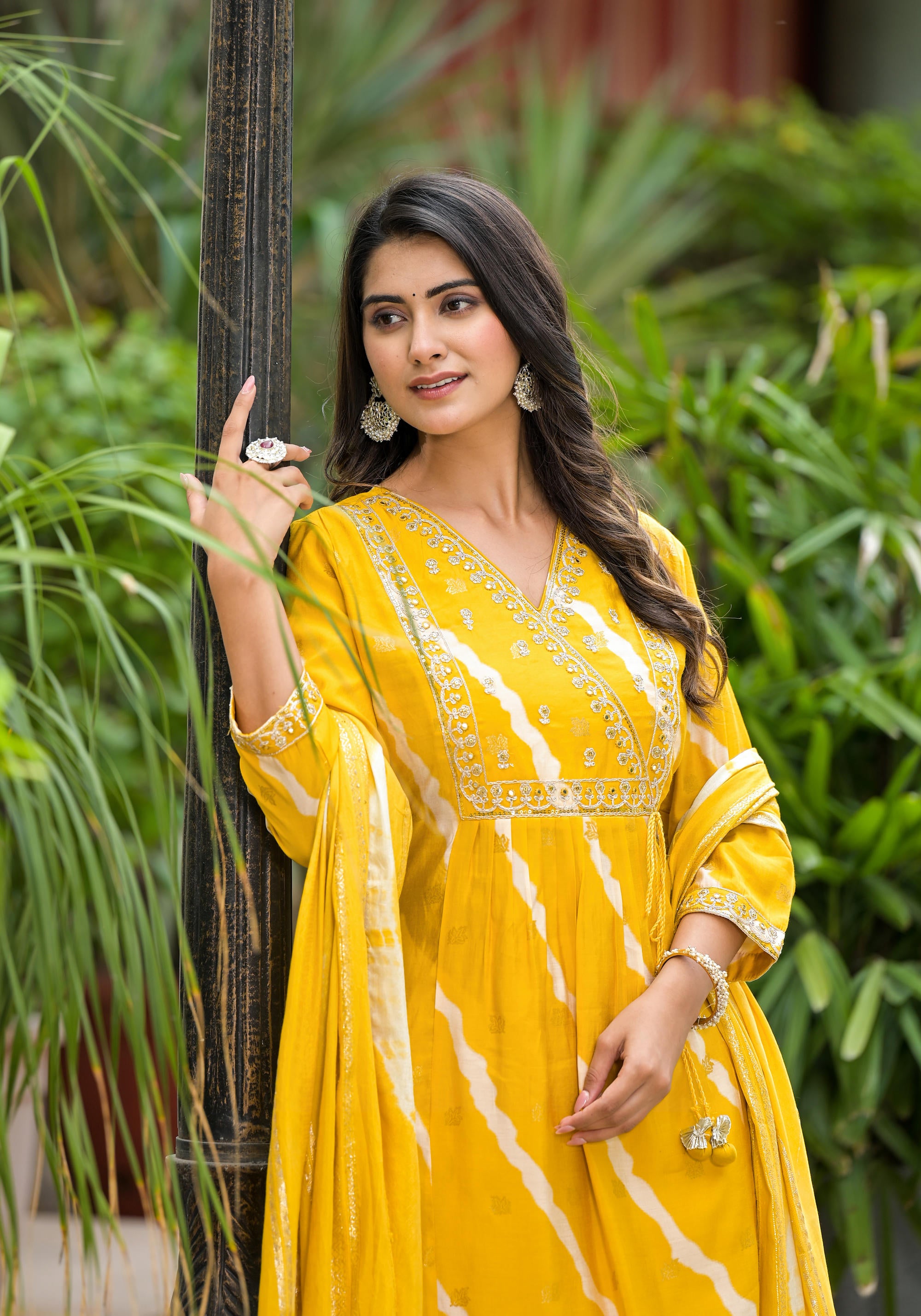 Yellow Lehriya Printed Musline Kurta Set With Mirror Work & Sequins