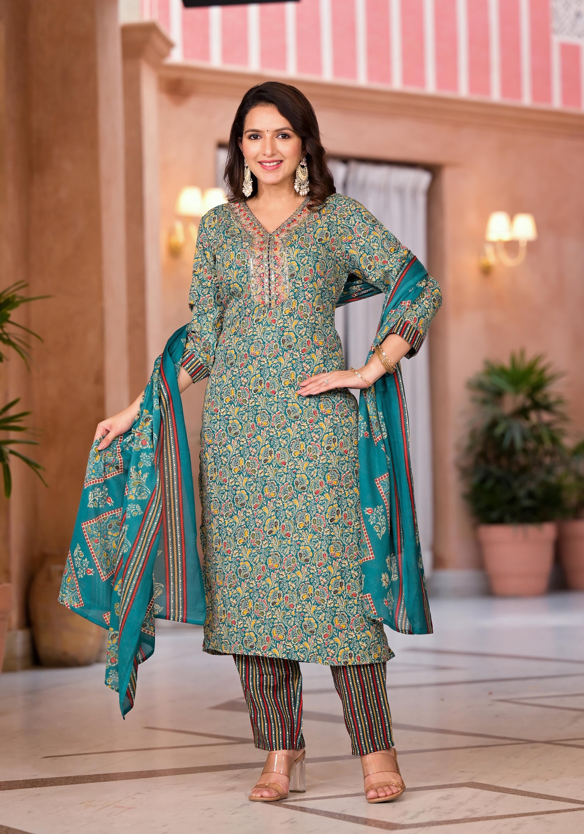 Rama Green Cotton Ethnic Motif Printed Kurta Pant And Dupatta Set With Sequins & Thread Work