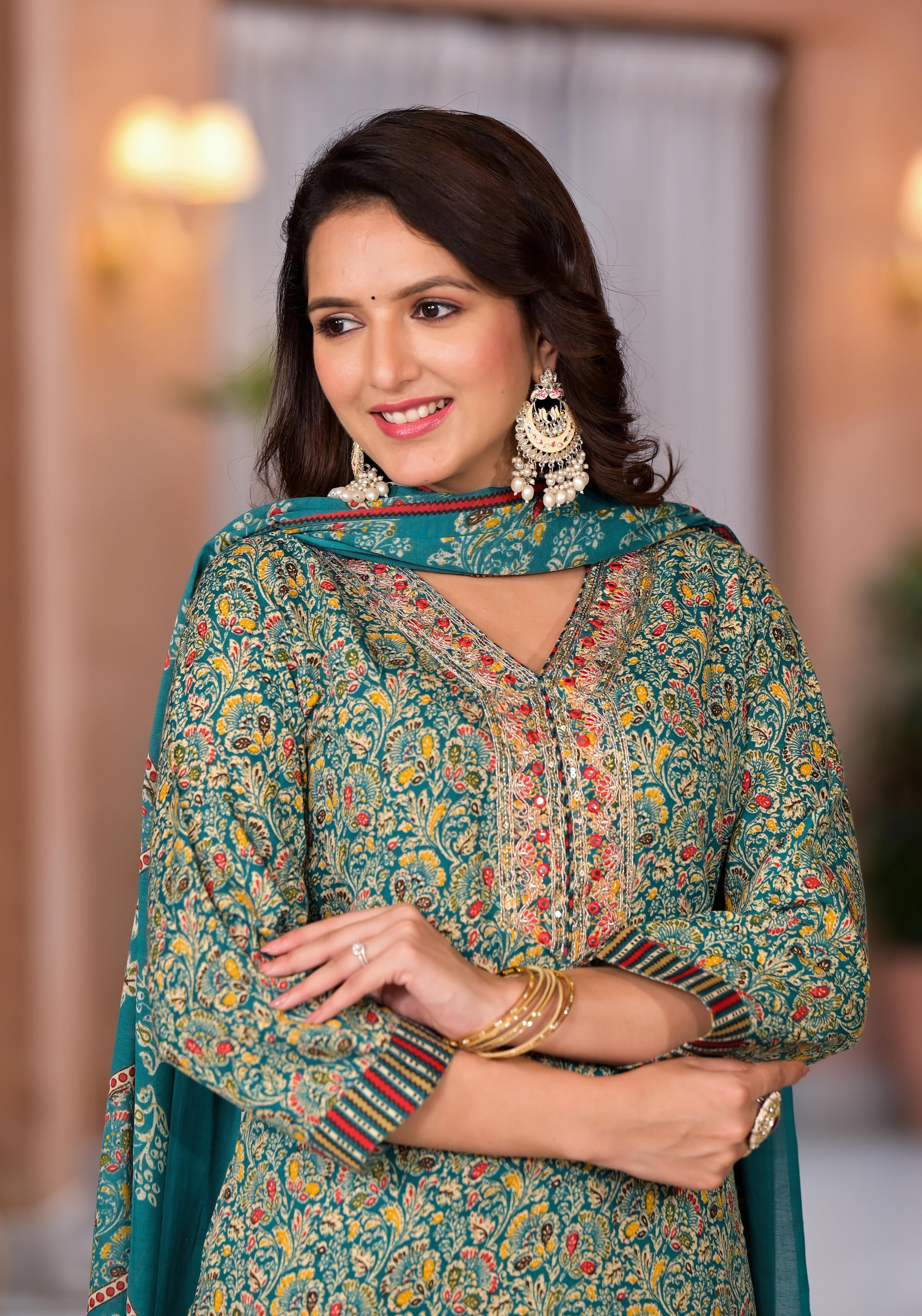 Rama Green Cotton Ethnic Motif Printed Kurta Pant And Dupatta Set With Sequins & Thread Work