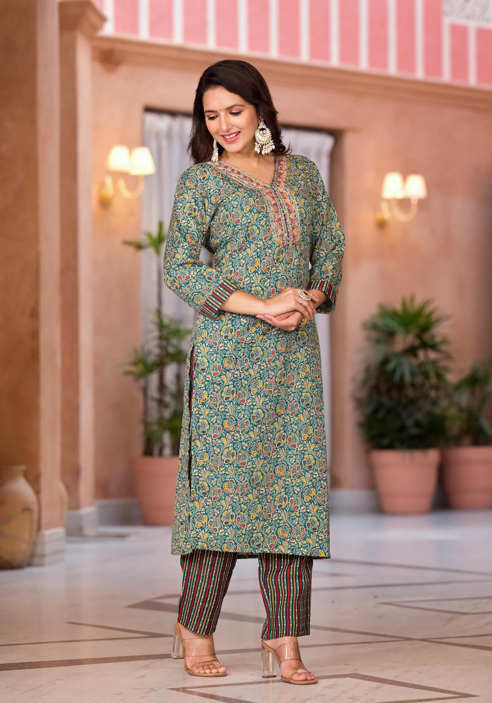 Rama Green Cotton Ethnic Motif Printed Kurta Pant And Dupatta Set With Sequins & Thread Work