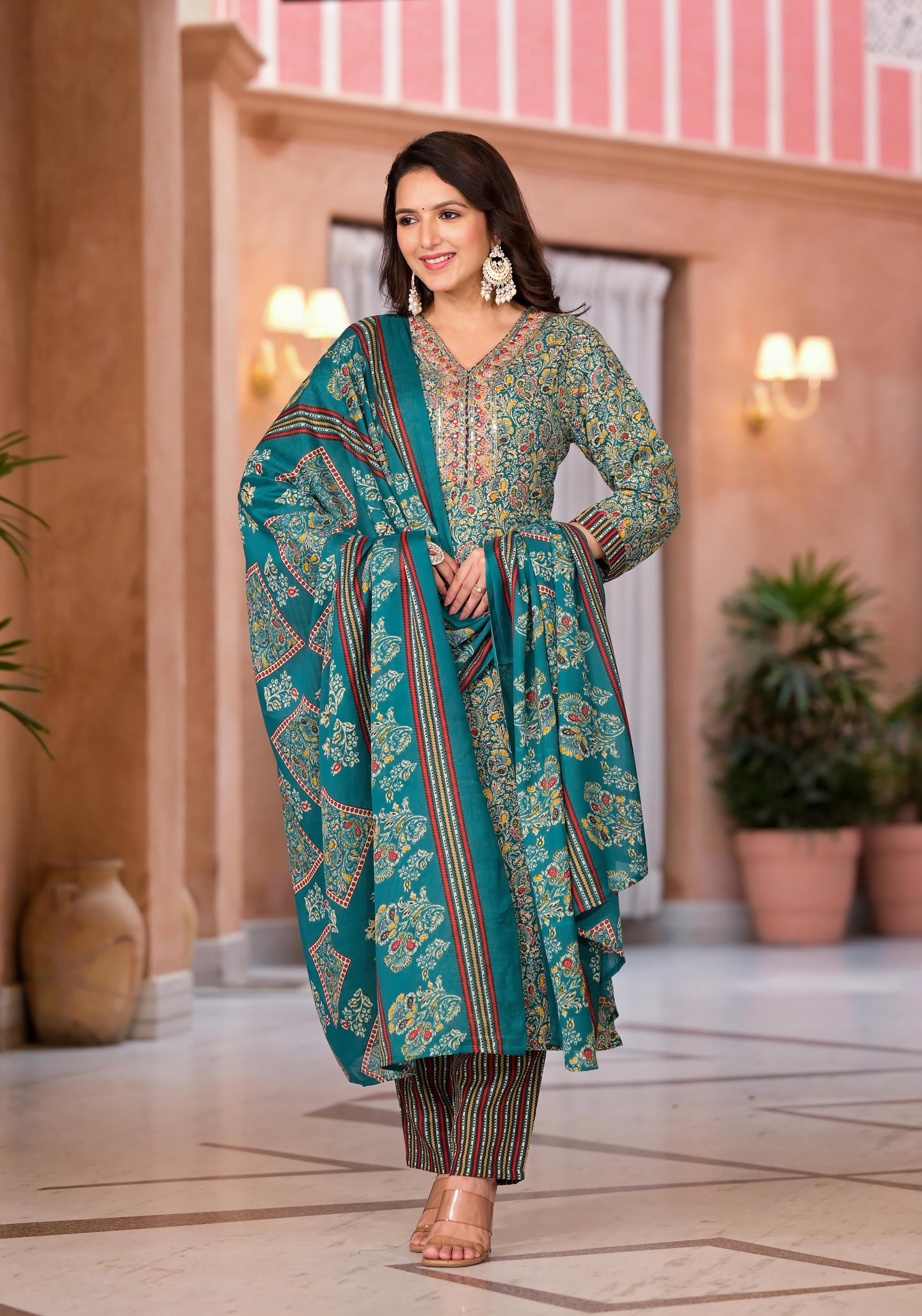 Rama Green Cotton Ethnic Motif Printed Kurta Pant And Dupatta Set With Sequins & Thread Work