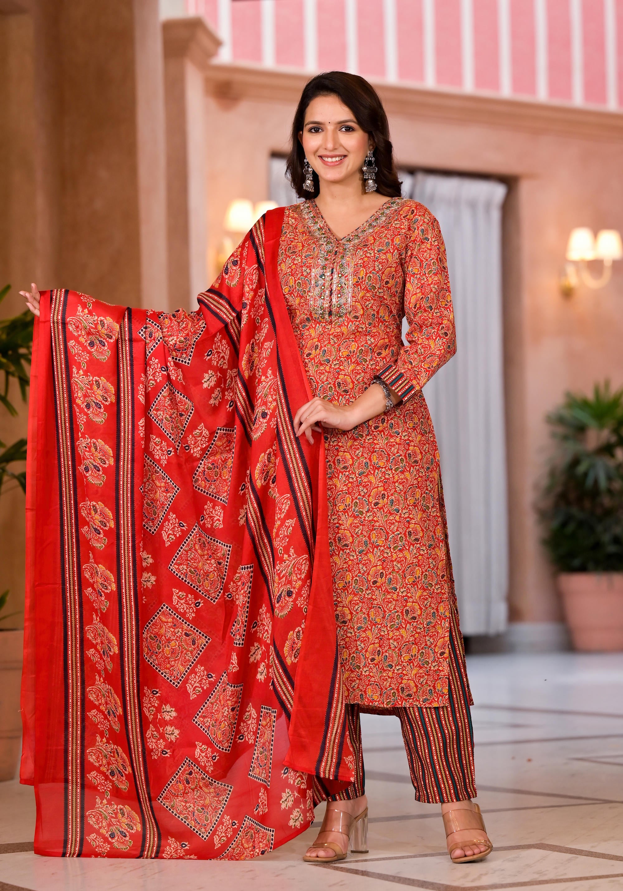 Red Cotton Ethnic Motif Printed Kurta Pant And Dupatta Set With Sequins & Thread Work