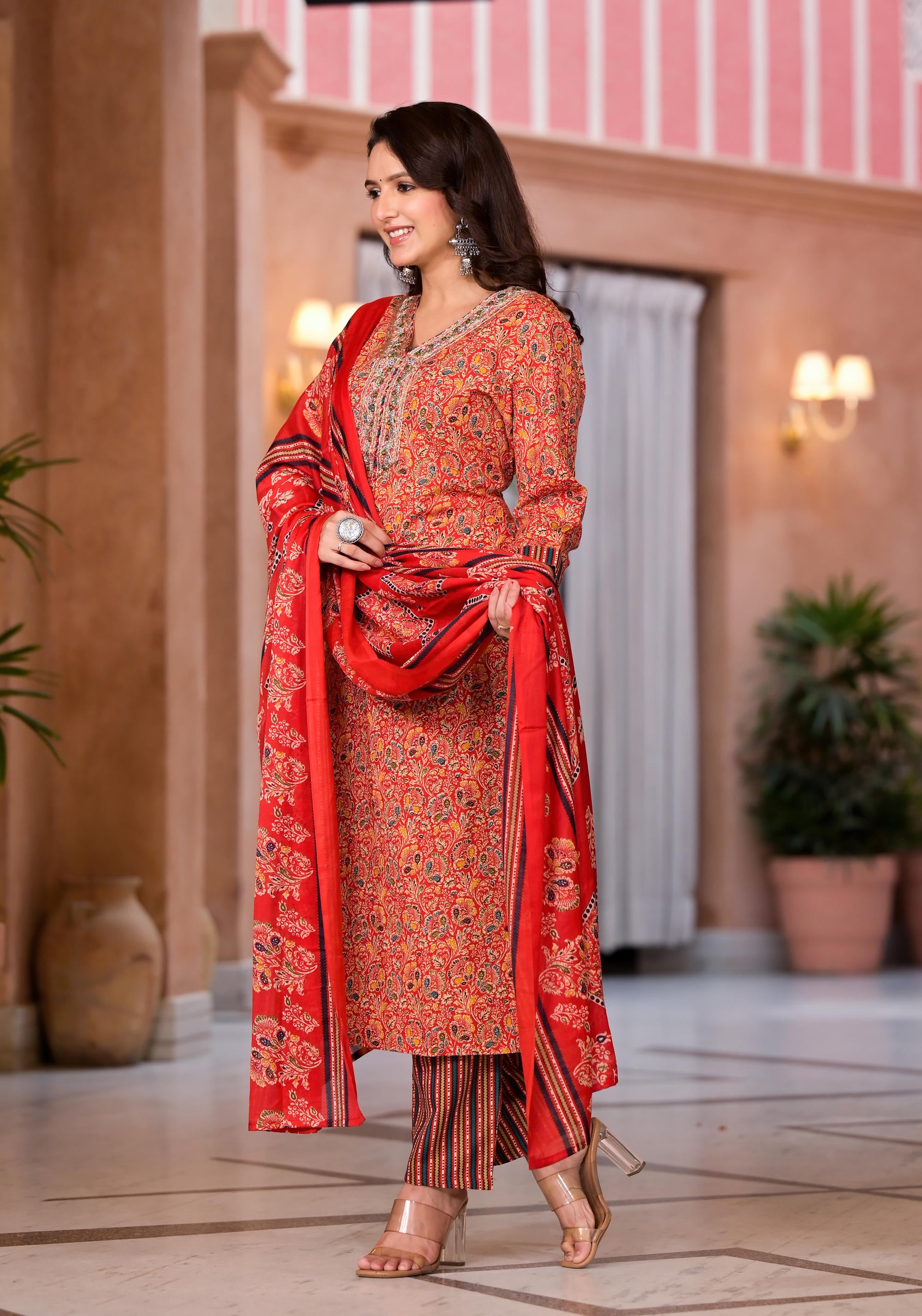 Red Cotton Ethnic Motif Printed Kurta Pant And Dupatta Set With Sequins & Thread Work