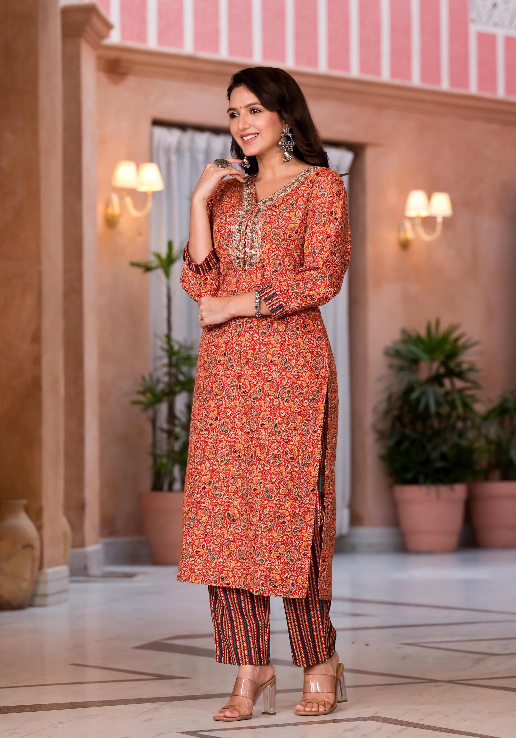 Red Cotton Ethnic Motif Printed Kurta Pant And Dupatta Set With Sequins & Thread Work