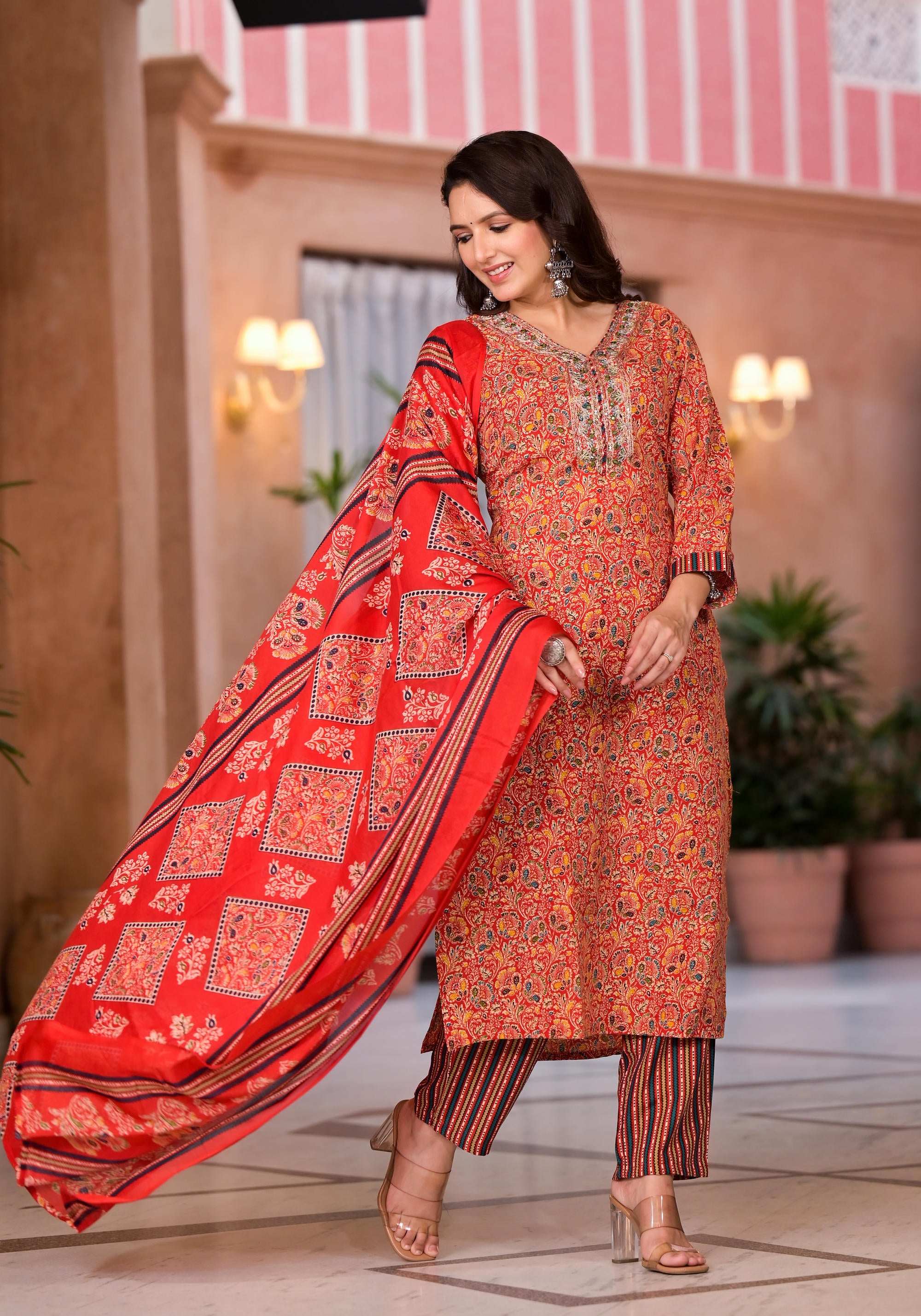 Red Cotton Ethnic Motif Printed Kurta Pant And Dupatta Set With Sequins & Thread Work