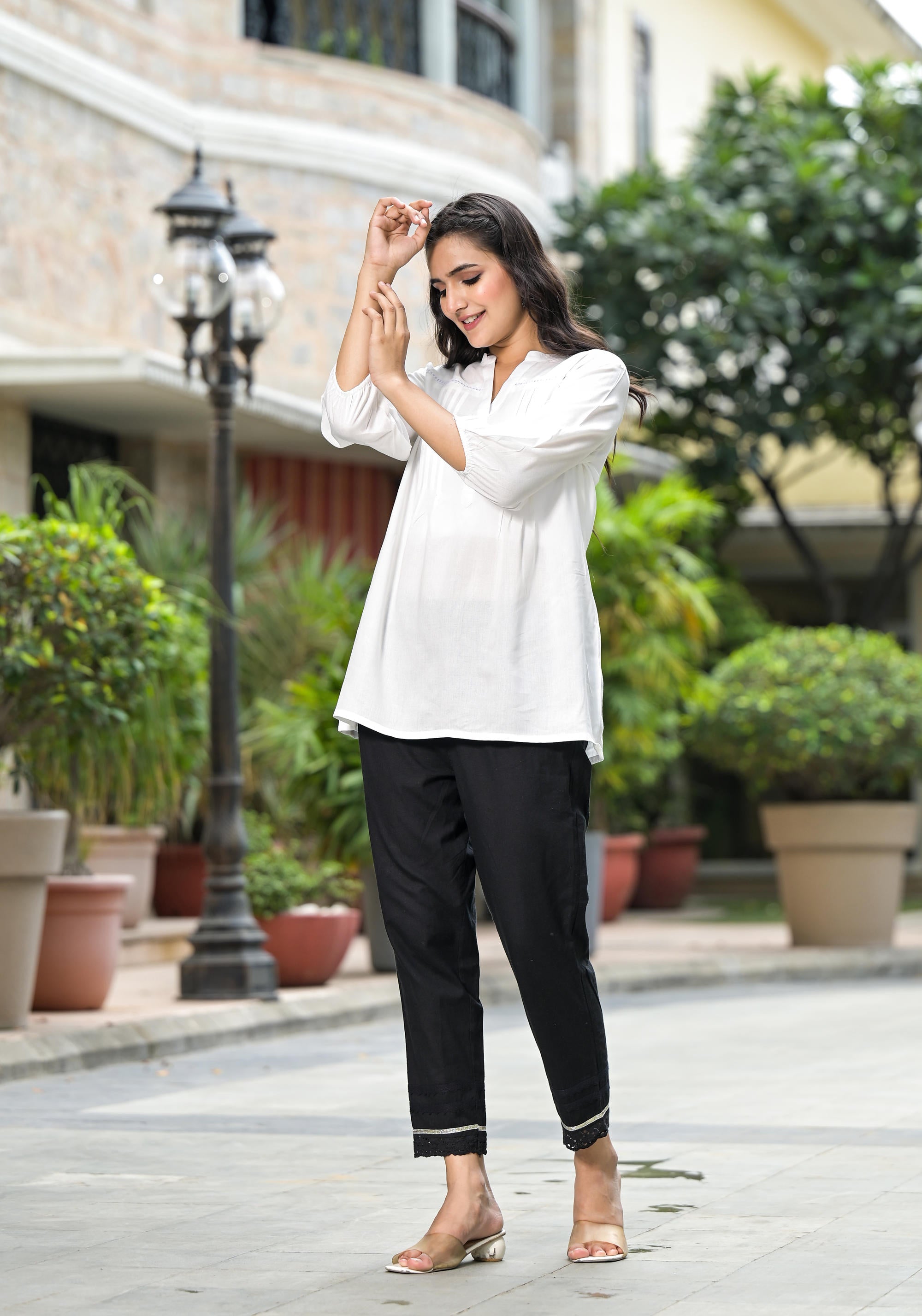 White Solid Rayon Top With Mandarin Collar