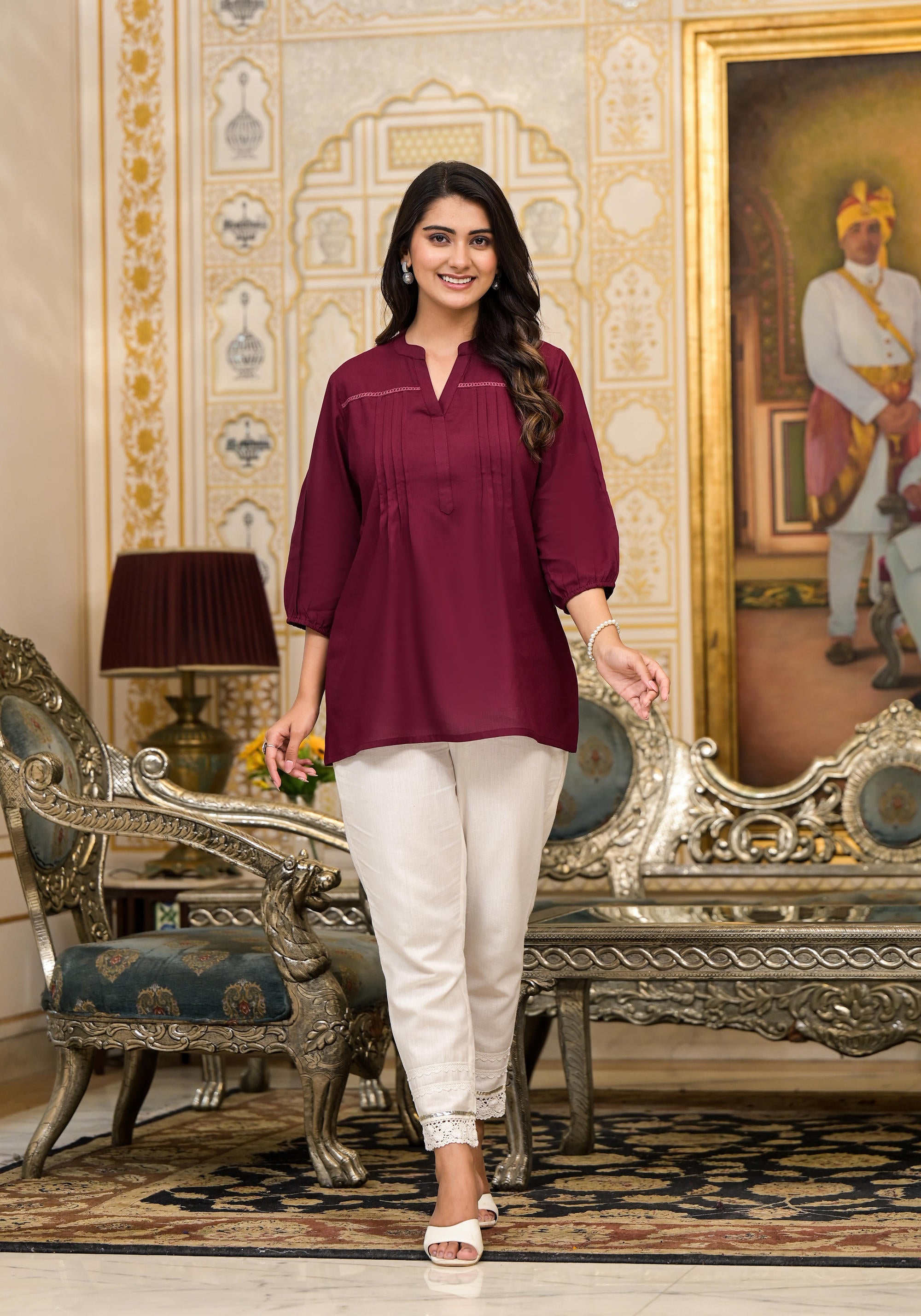 Wine Solid Rayon Tunic Top With Thread Work