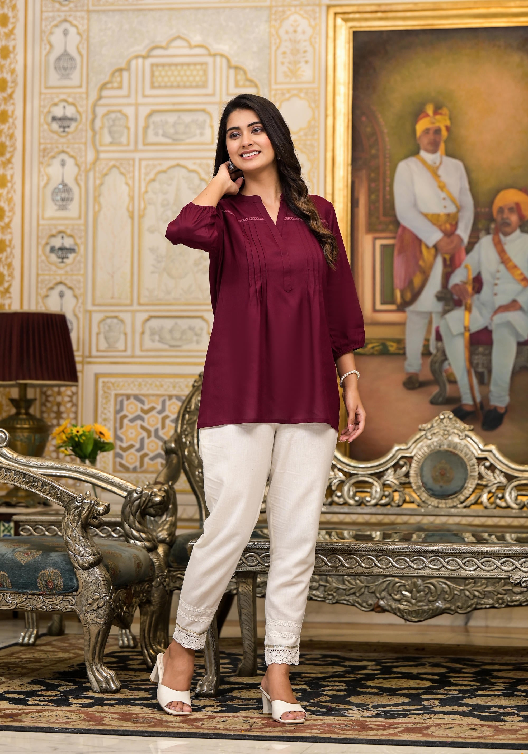 Wine Solid Rayon Tunic Top With Thread Work