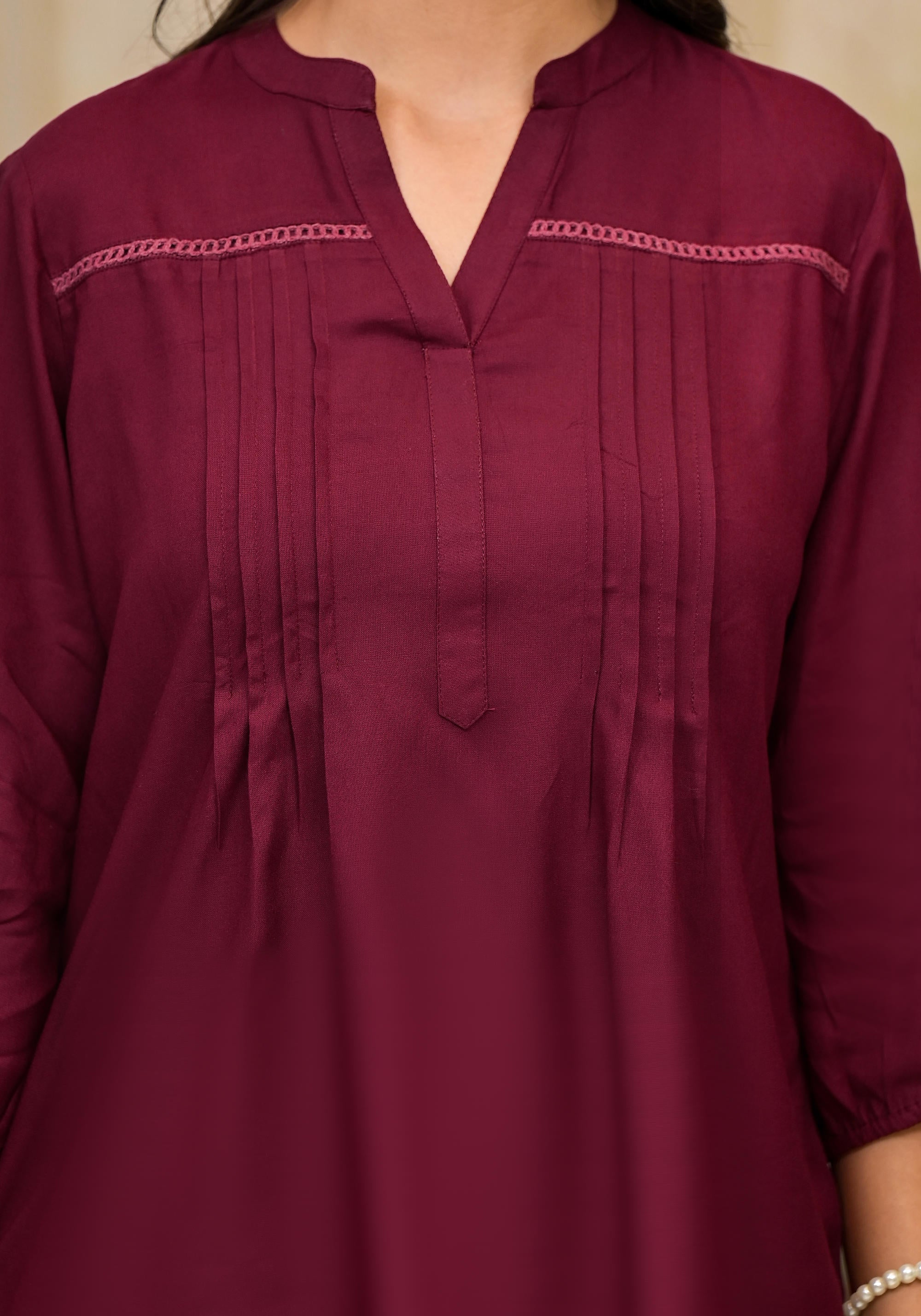 Wine Solid Rayon Tunic Top With Thread Work