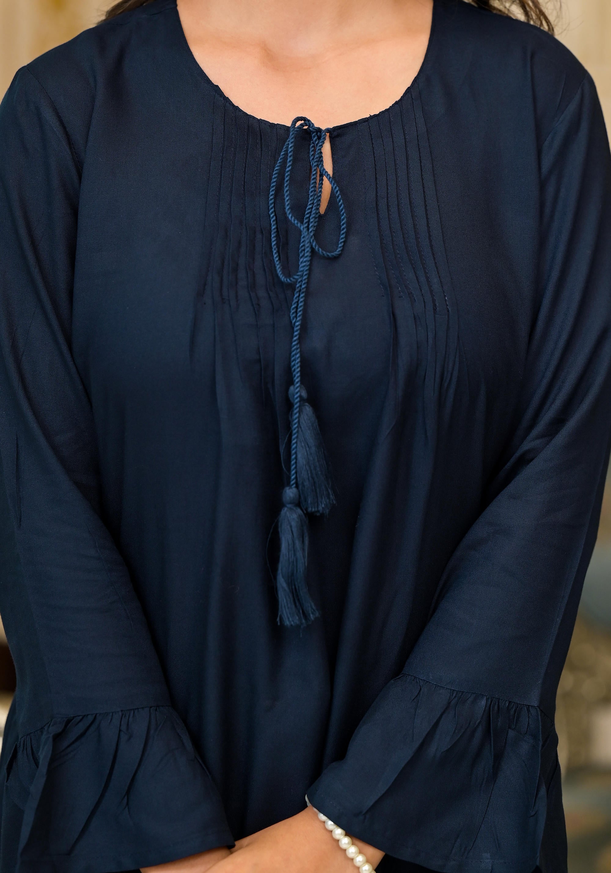 Navy Blue Solid Rayon Top With Tassels &Doris