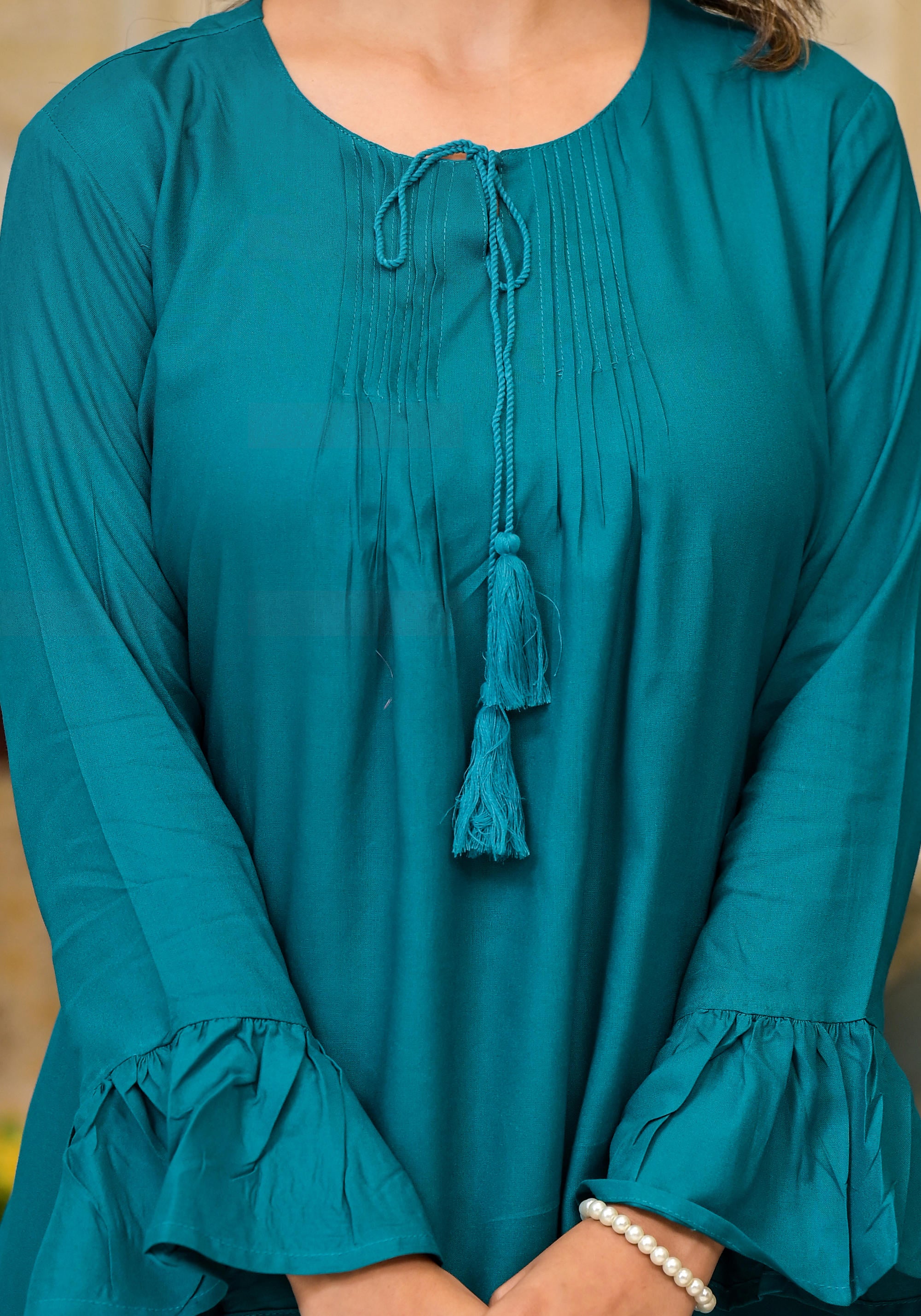 Teal Solid Rayon Top With Tassels &Doris