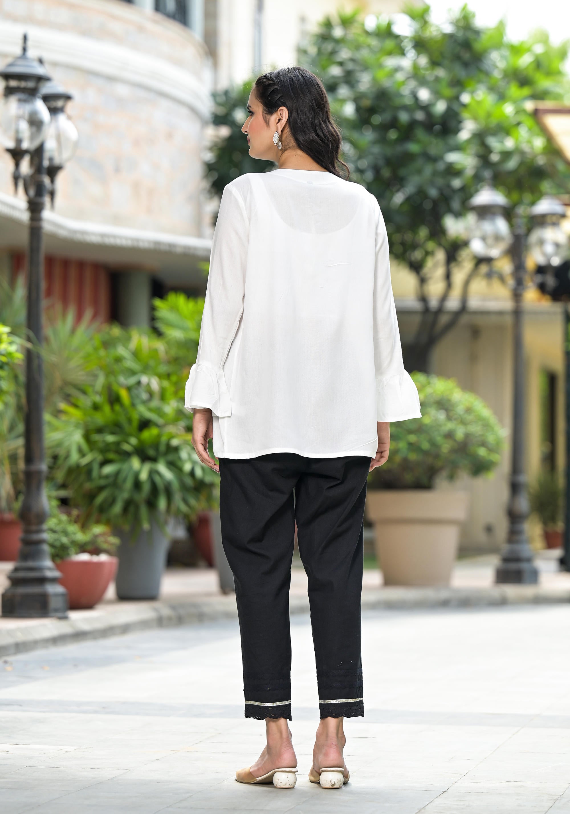 White Solid Rayon Top With Tassels  Doris