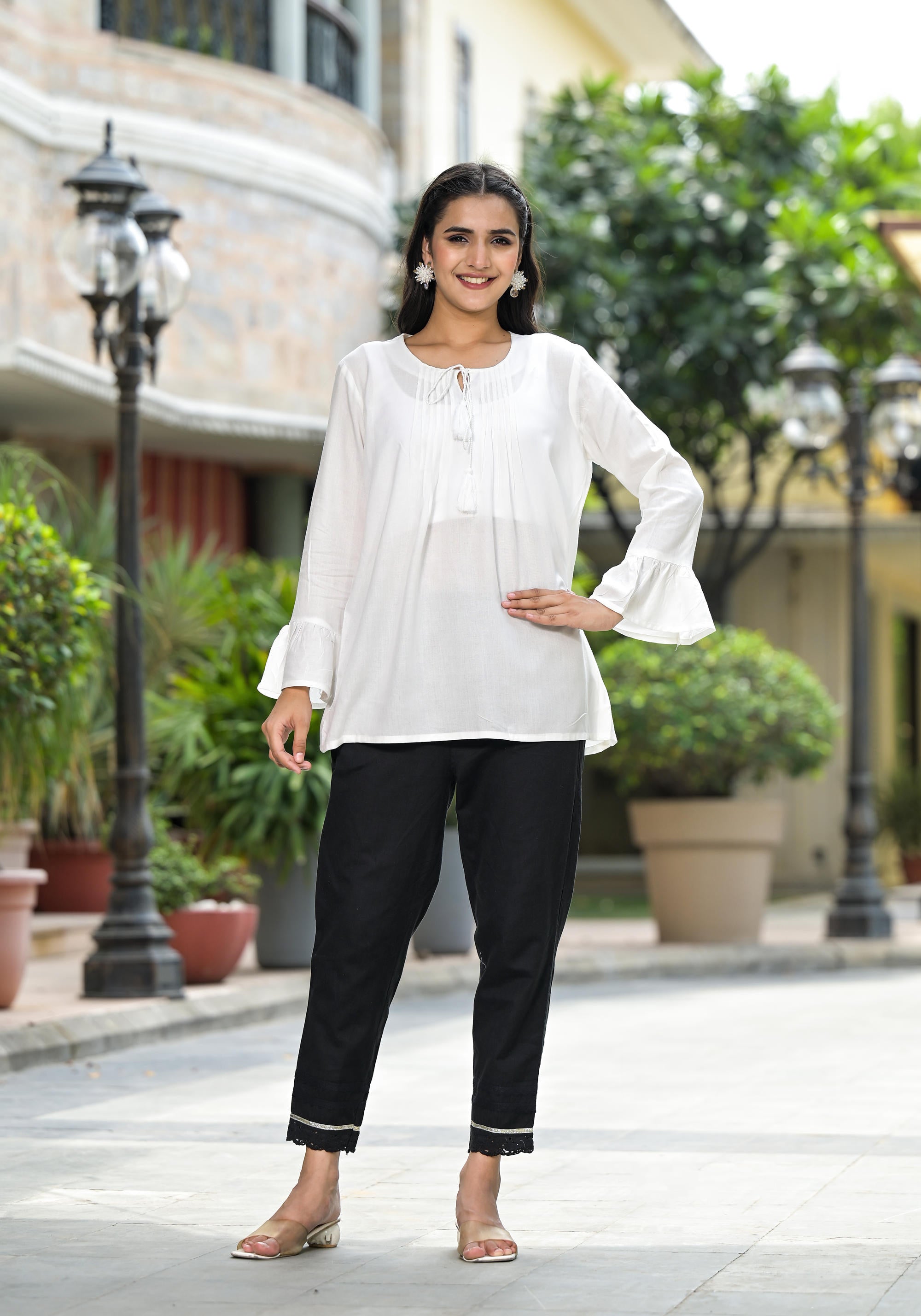 White Solid Rayon Top With Tassels  Doris