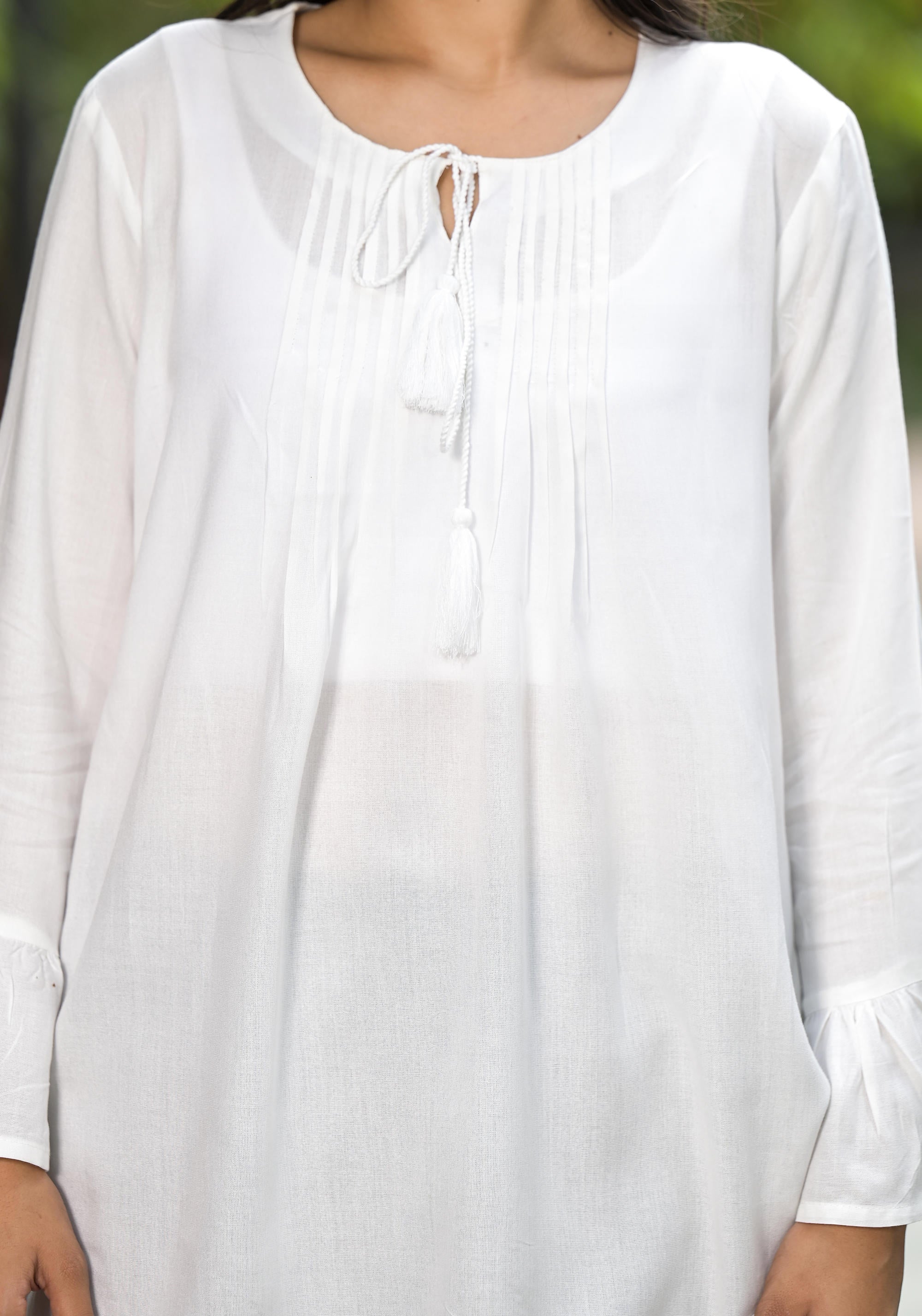 White Solid Rayon Top With Tassels  Doris