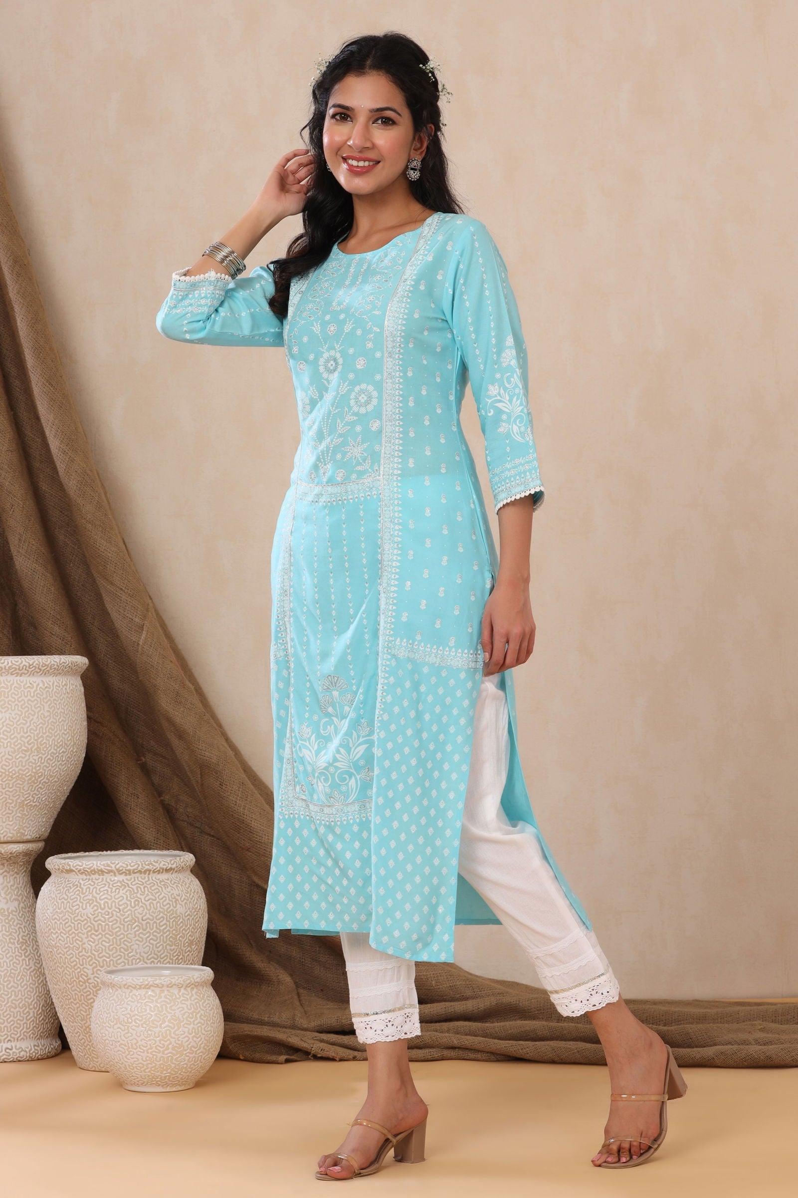 Juniper Aqua Ethnic Motif Printed Rayon Kurta With Lace Work 