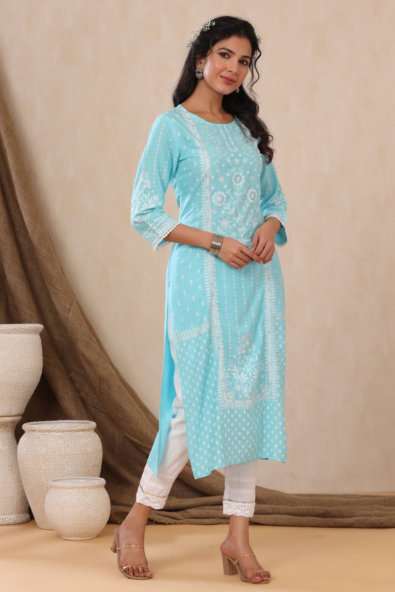 Juniper Aqua Ethnic Motif Printed Rayon Kurta With Lace Work 