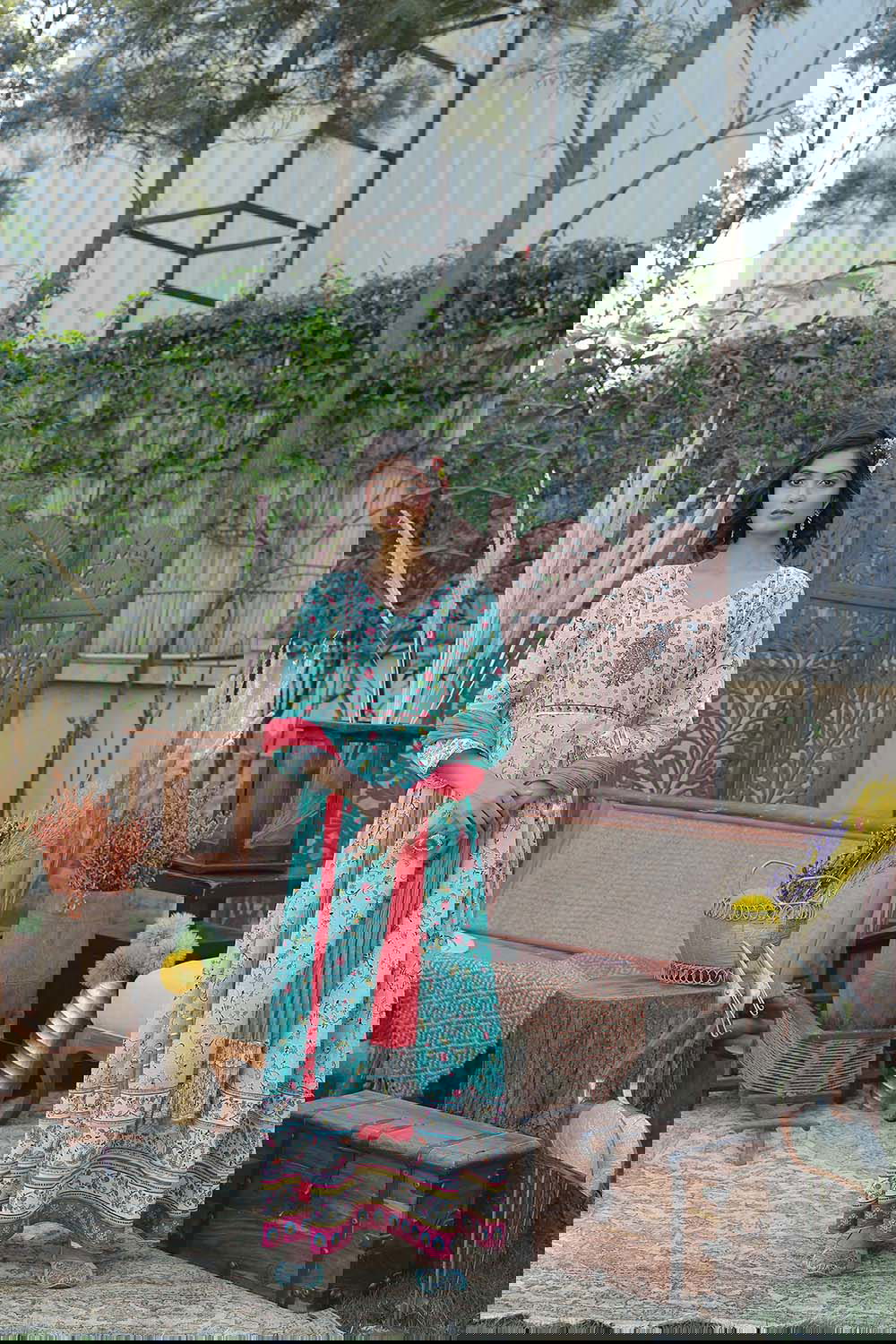 Juniper Aqua Floral Printed Anarkali Lacy Dress & Contrast Dupatta With Side Dori Tie-Up & Tassels At Waist 