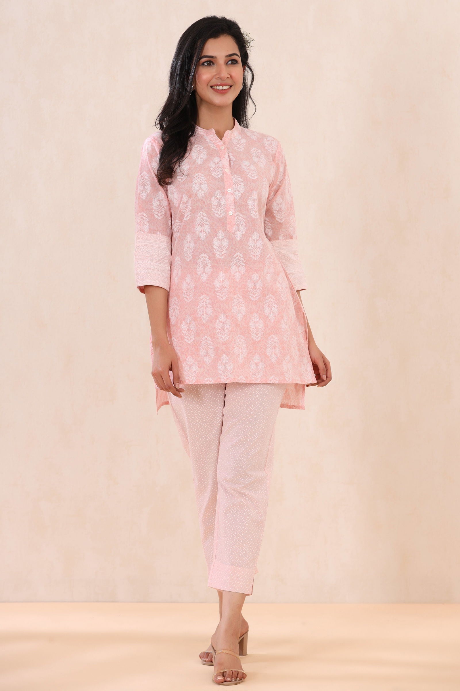 Juniper Babypink Cambric Printed High-Low Kurta Pant Set 