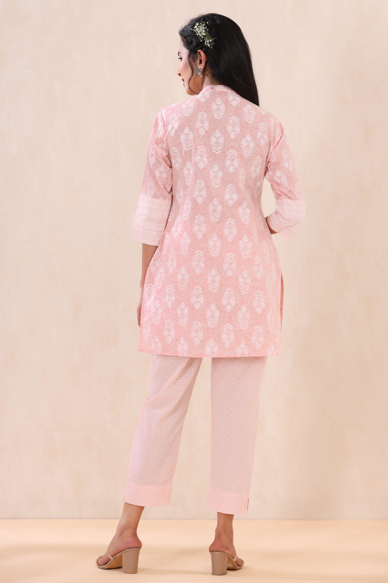 Juniper Babypink Cambric Printed High-Low Kurta Pant Set 