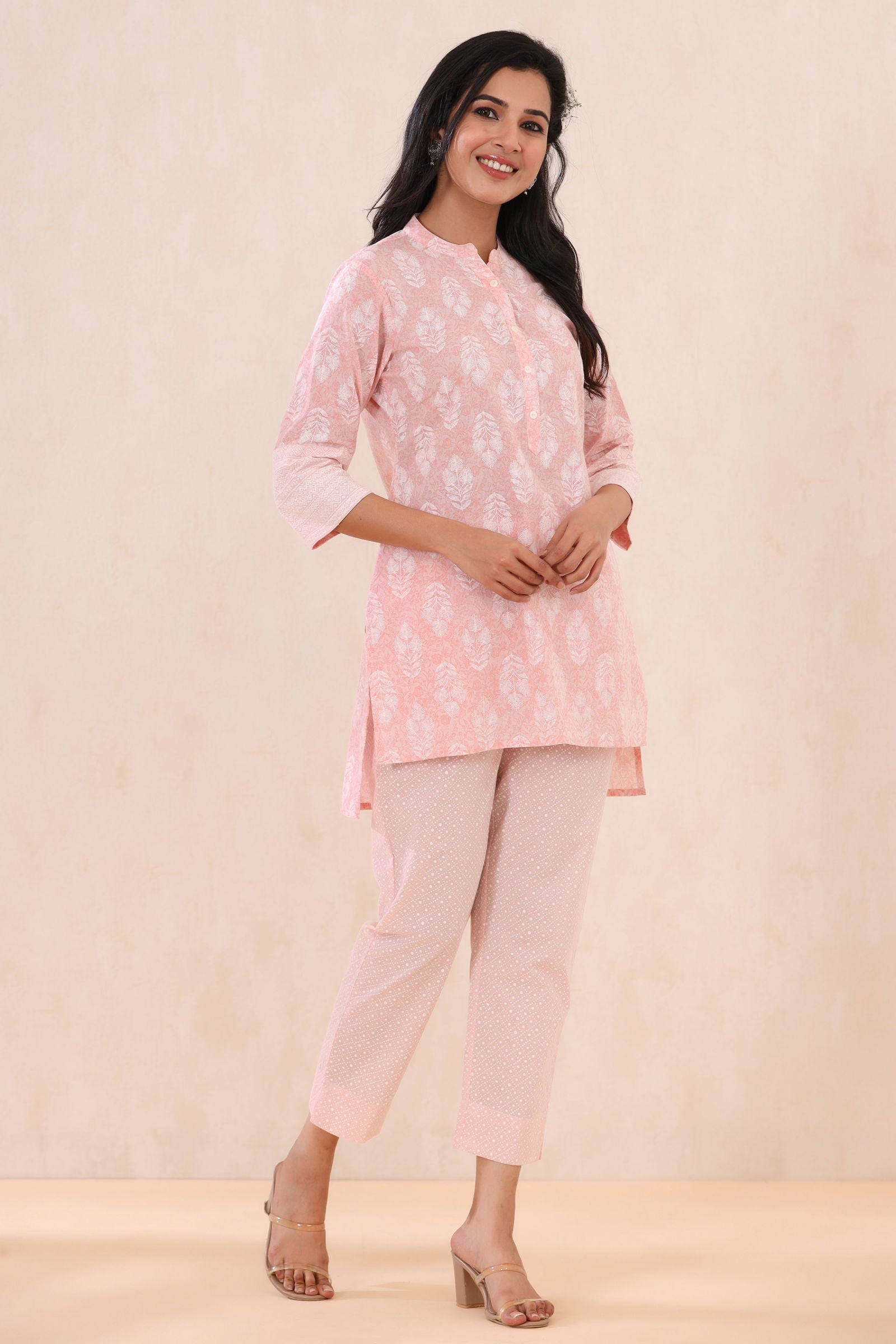 Juniper Babypink Cambric Printed High-Low Kurta Pant Set 