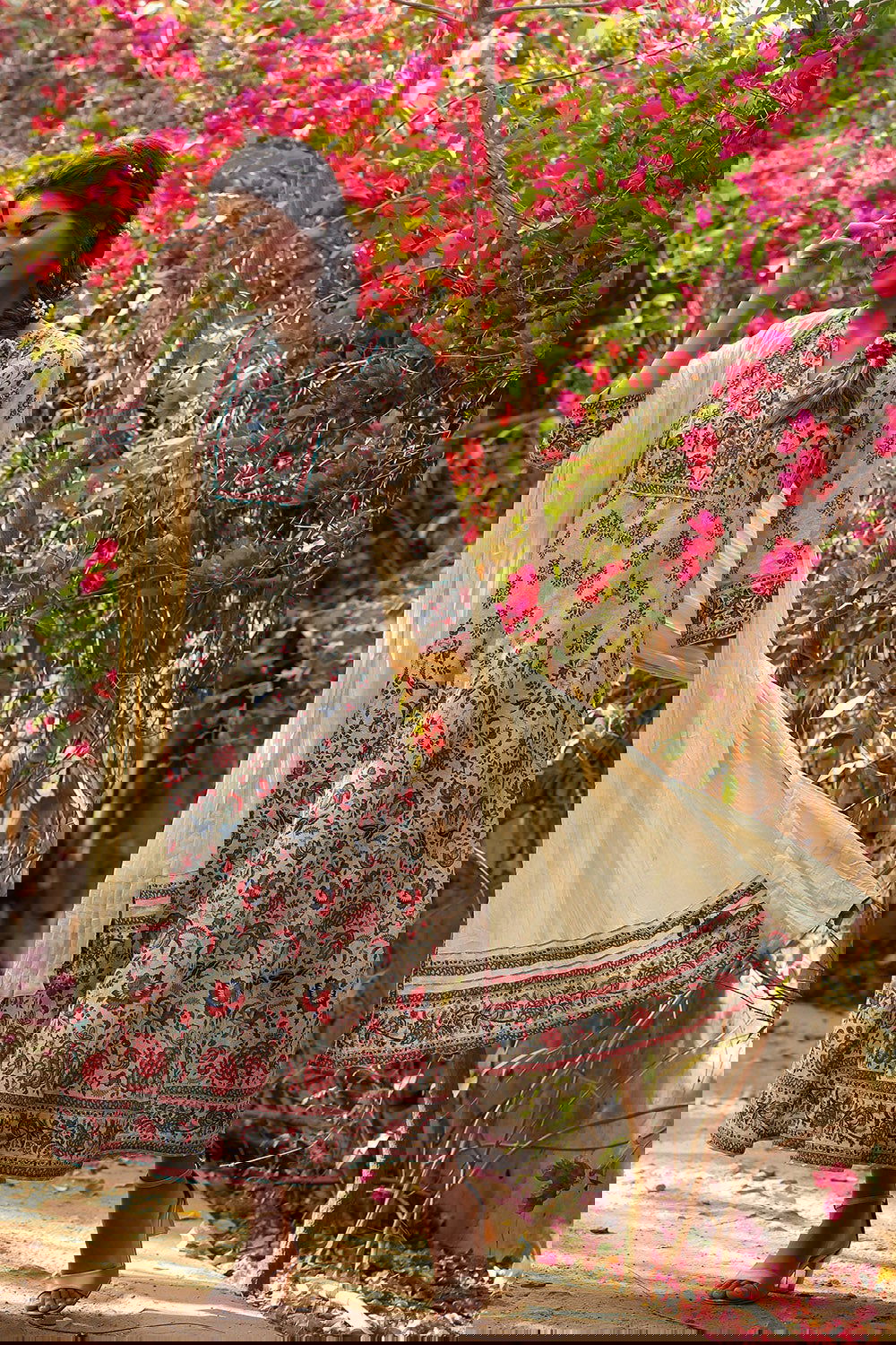 Juniper Beige Cambric Printed Flared Dress Dupatta Set 