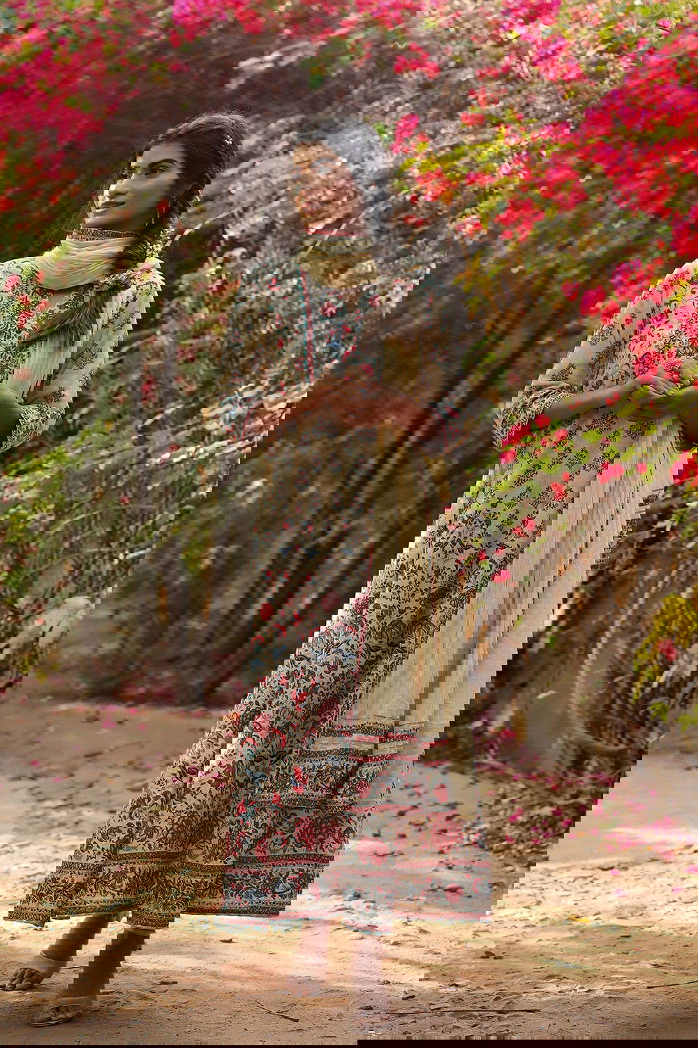 Juniper Beige Cambric Printed Flared Dress Dupatta Set 