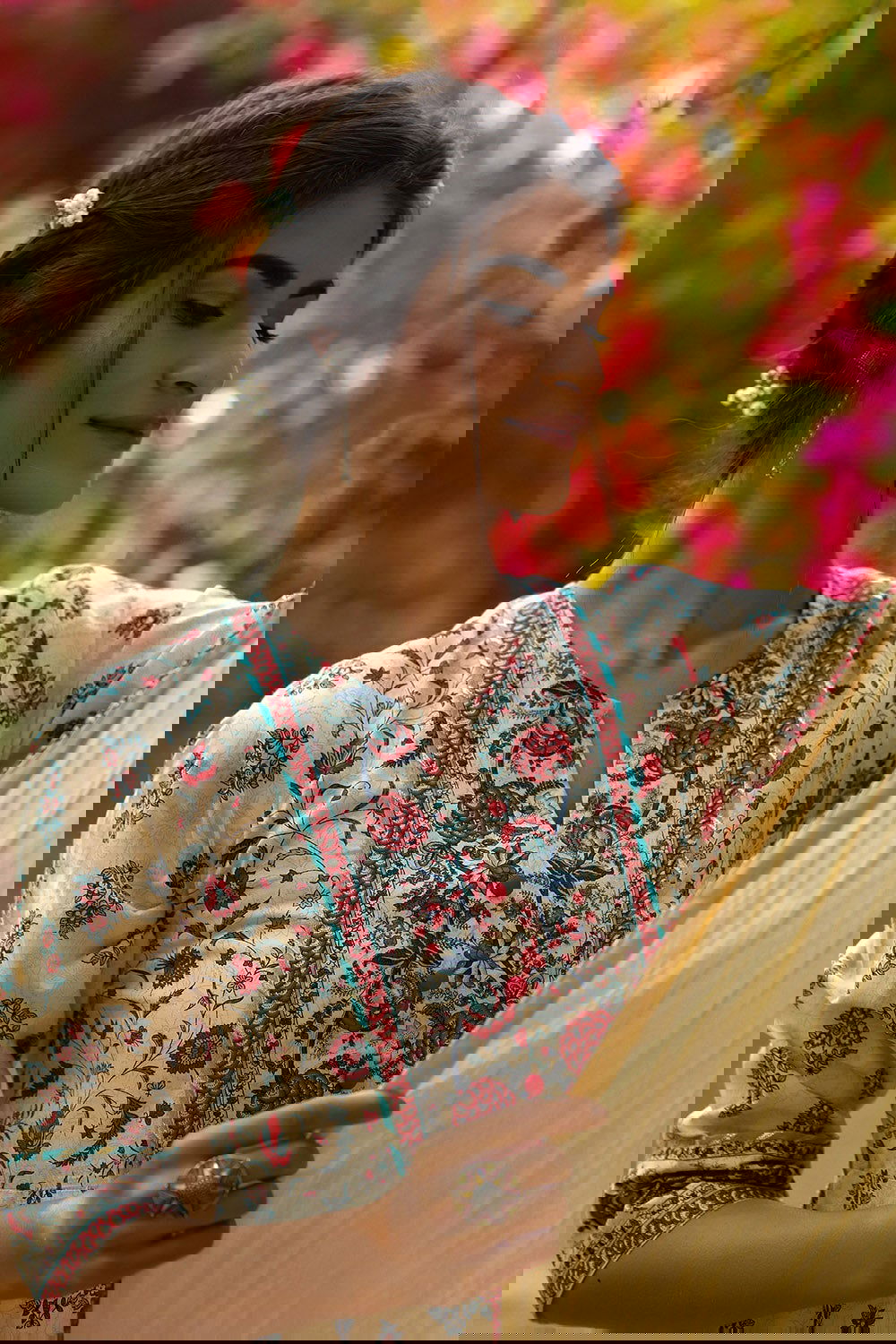 Juniper Beige Cambric Printed Flared Dress Dupatta Set 