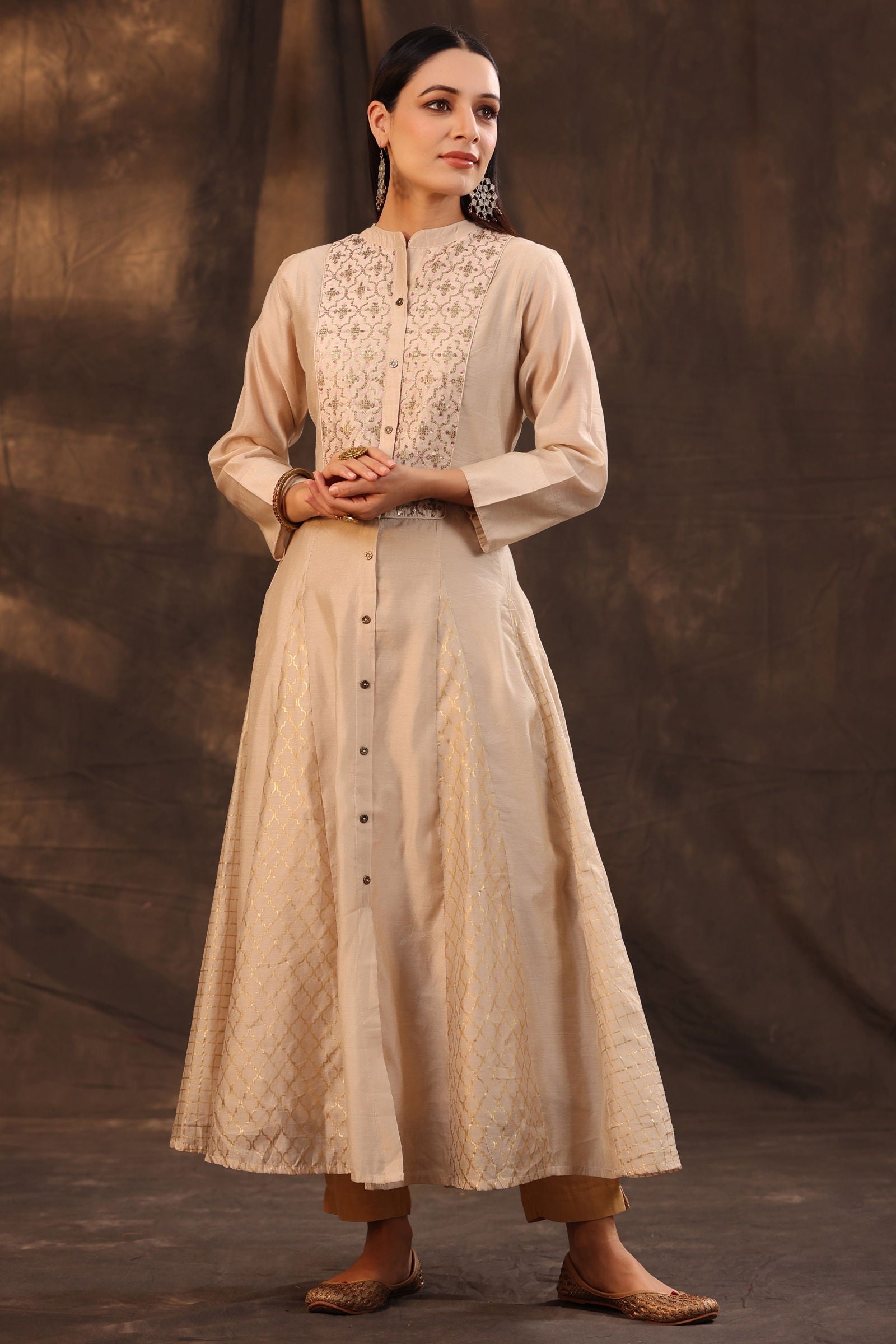 Juniper Beige Chanderi Embellished Layered Anarkali Kurta 