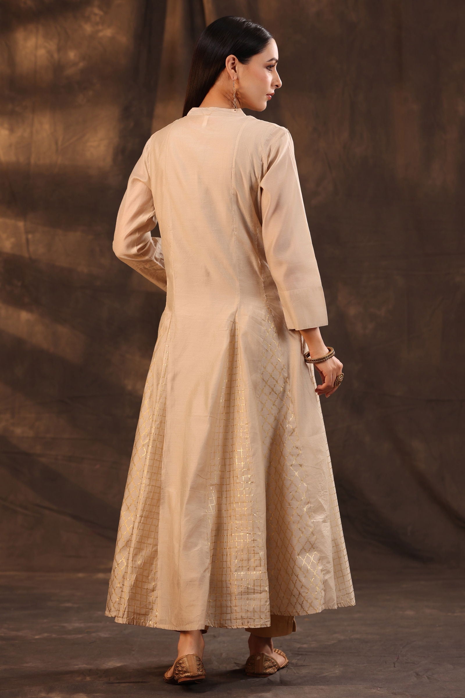 Juniper Beige Chanderi Embellished Layered Anarkali Kurta 