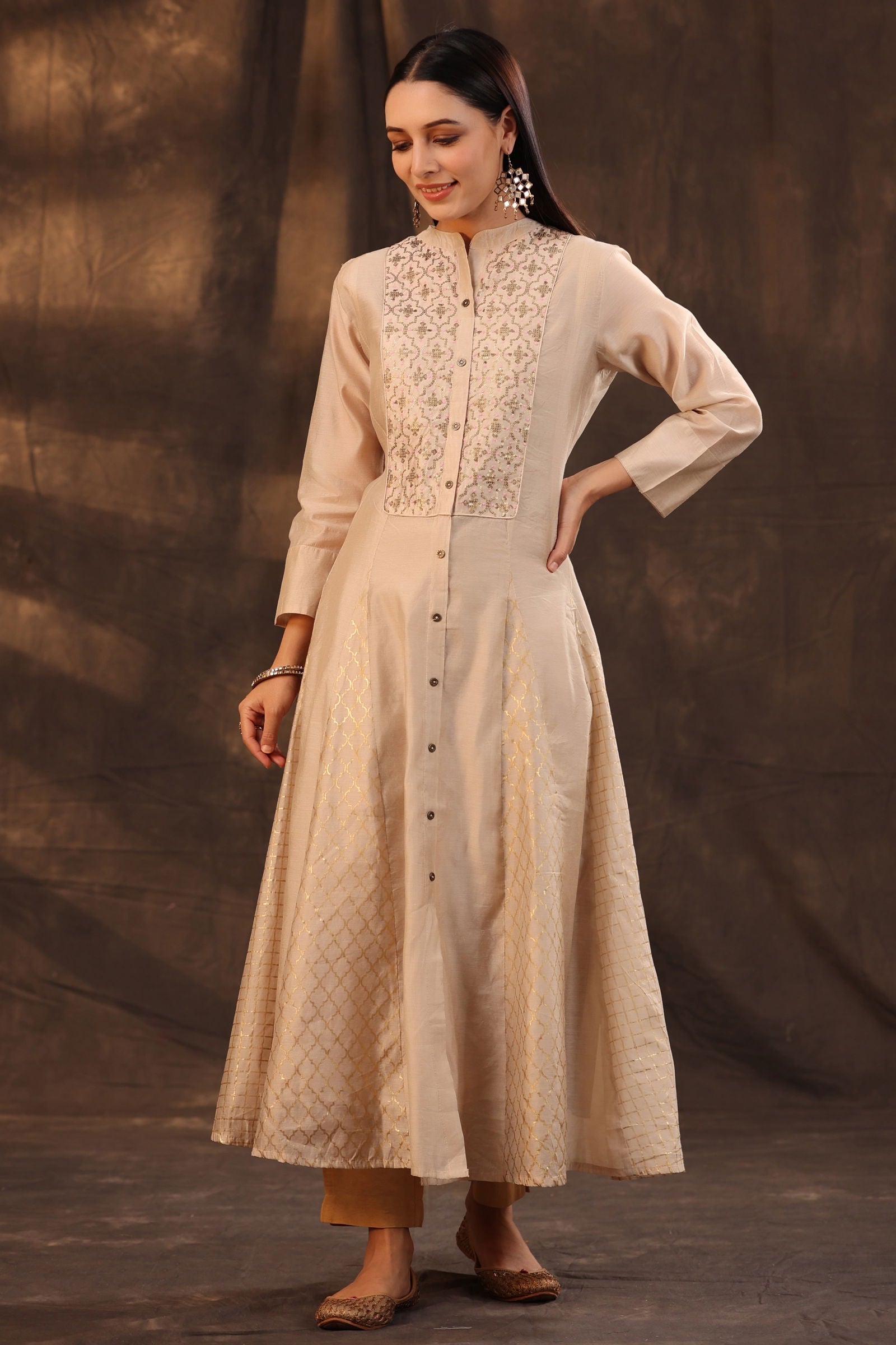 Juniper Beige Chanderi Embellished Layered Anarkali Kurta 