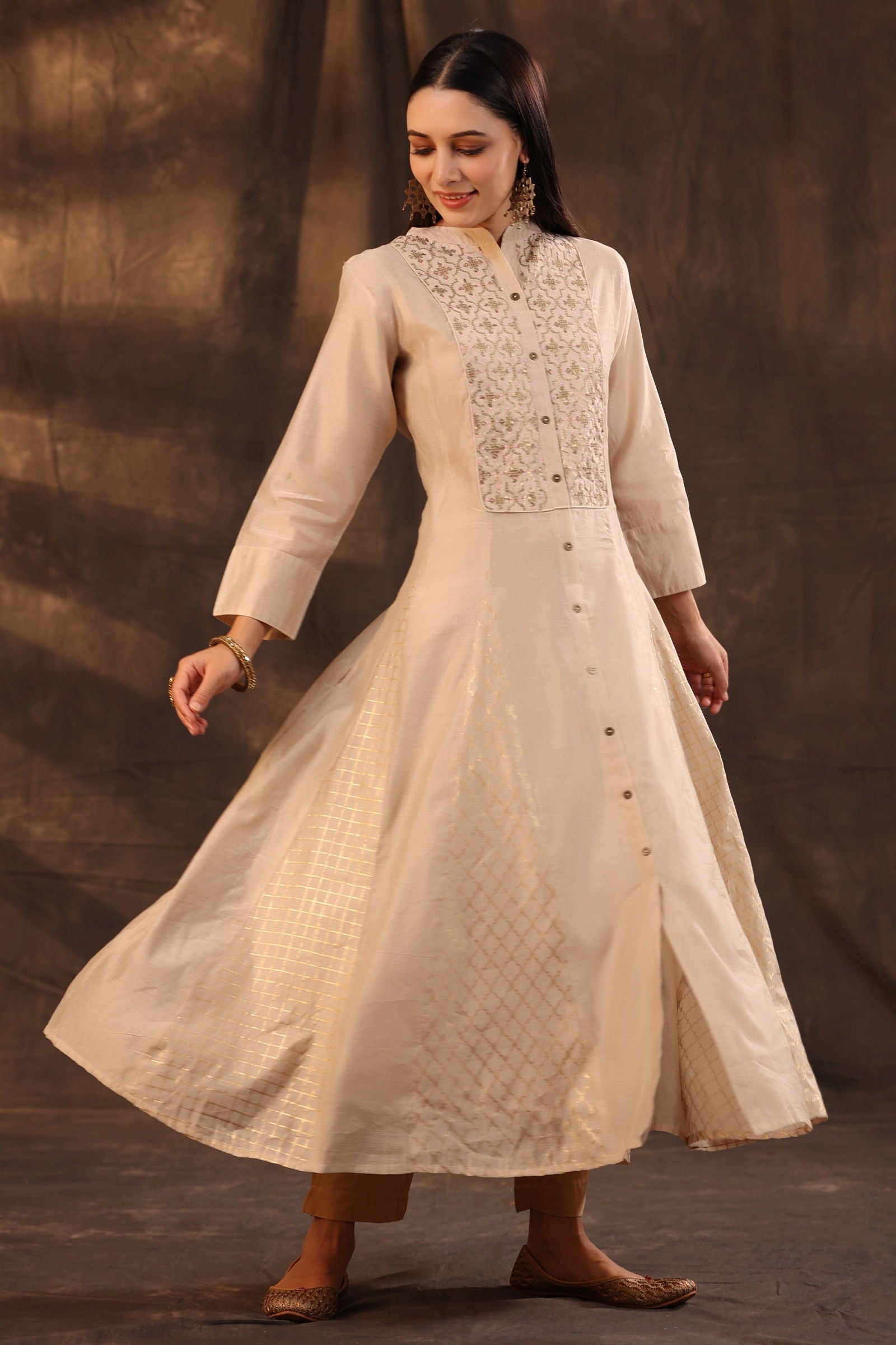 Juniper Beige Chanderi Embellished Layered Anarkali Kurta 