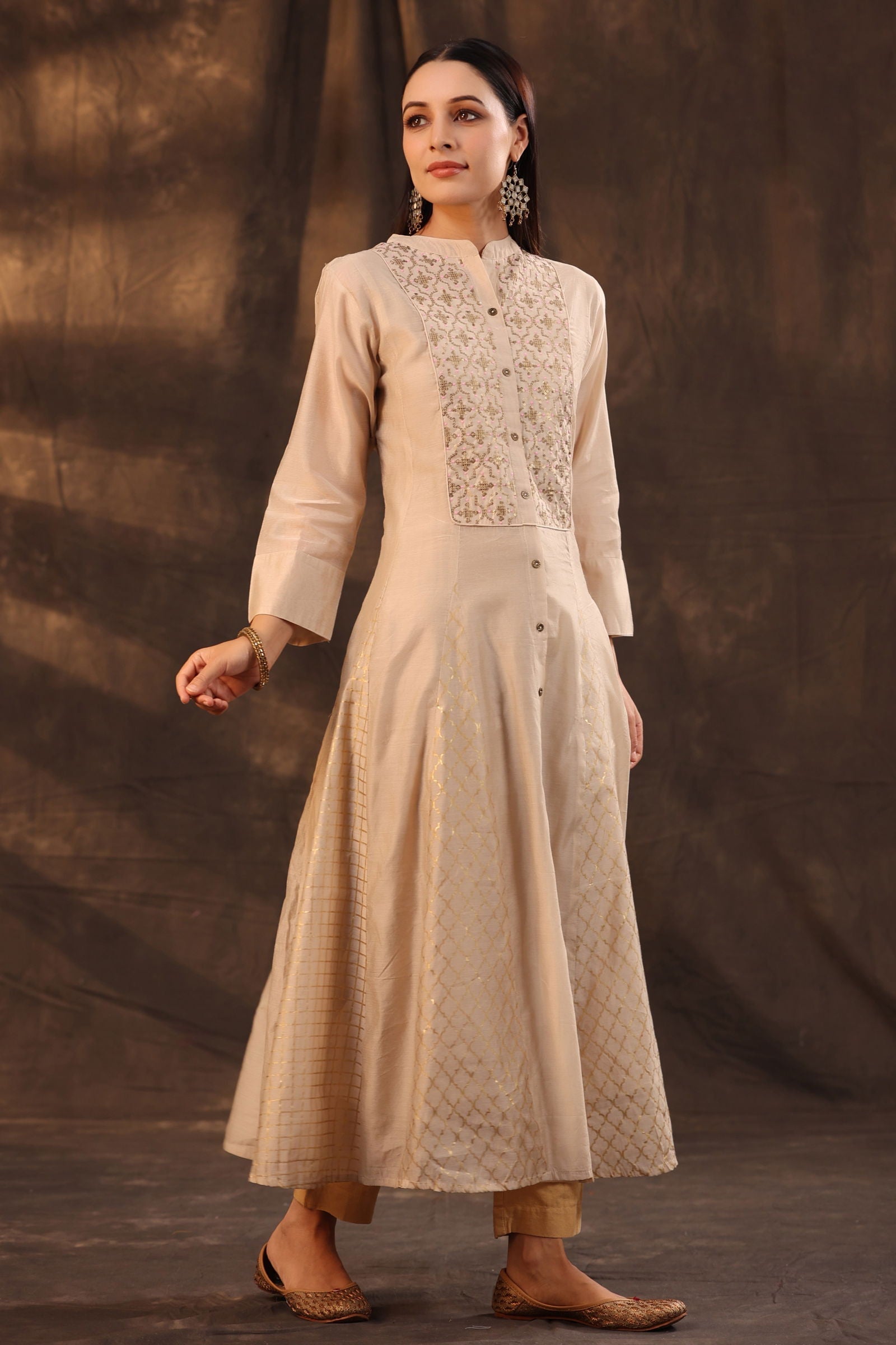 Juniper Beige Chanderi Embellished Layered Anarkali Kurta 