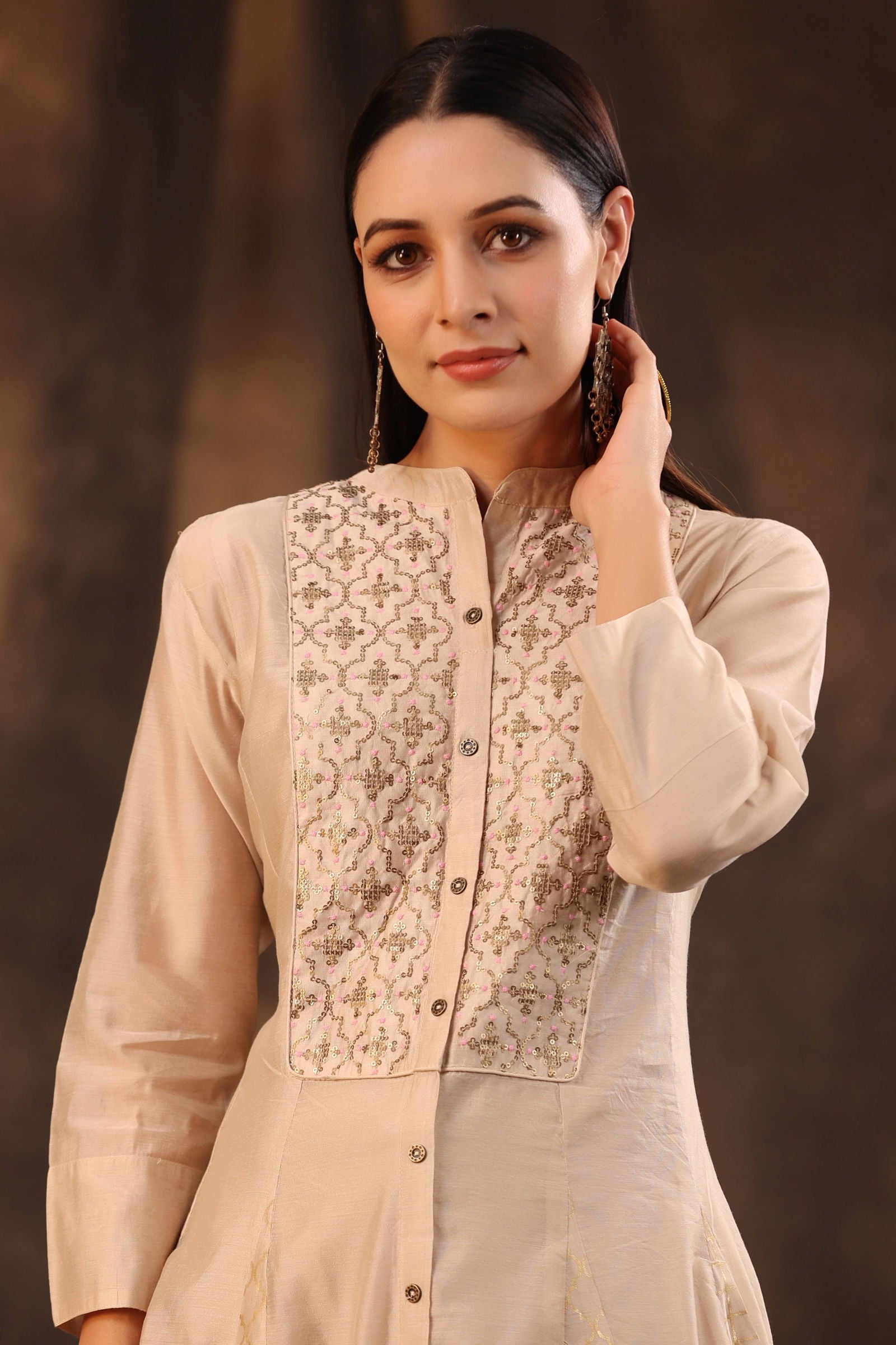 Juniper Beige Chanderi Embellished Layered Anarkali Kurta 