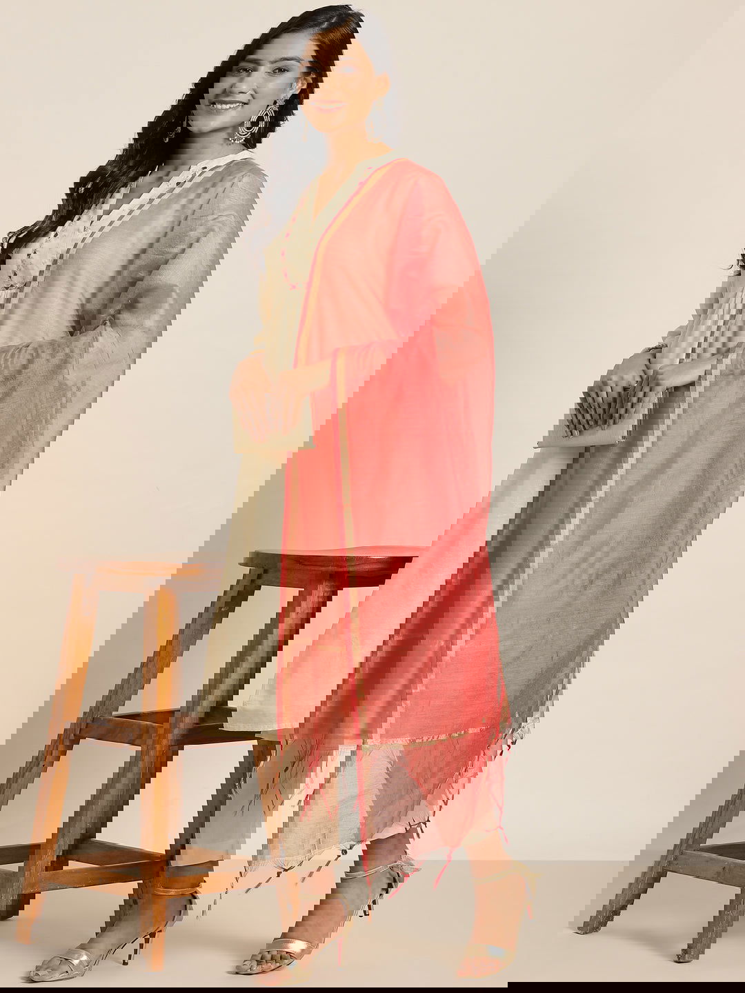 Juniper Beige Chanderi Solid Kurta Pants & Kota Doria Dupatta Set With Tassels Sequins & Mirror Embroidery 