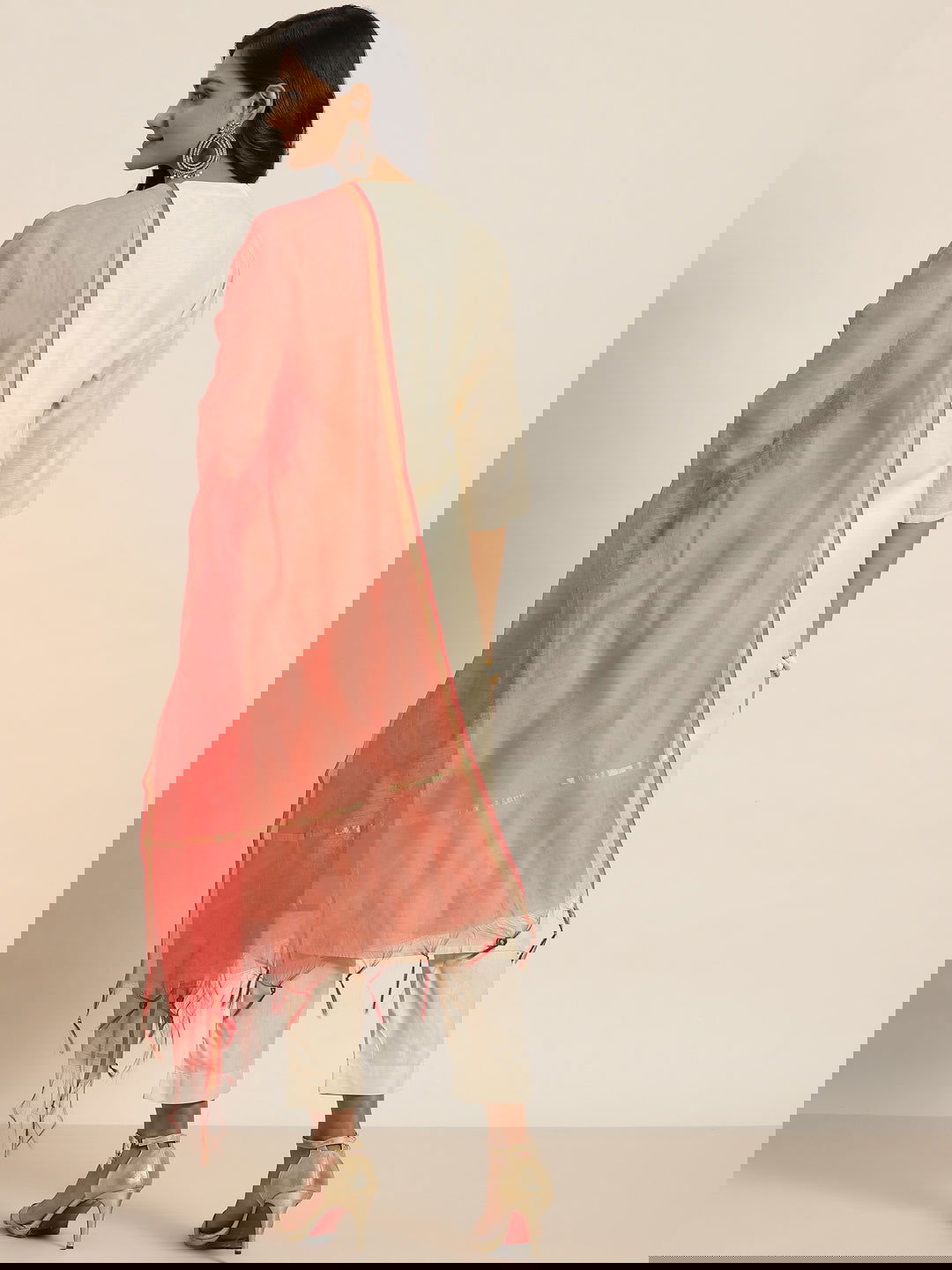 Juniper Beige Chanderi Solid Kurta Pants & Kota Doria Dupatta Set With Tassels Sequins & Mirror Embroidery 