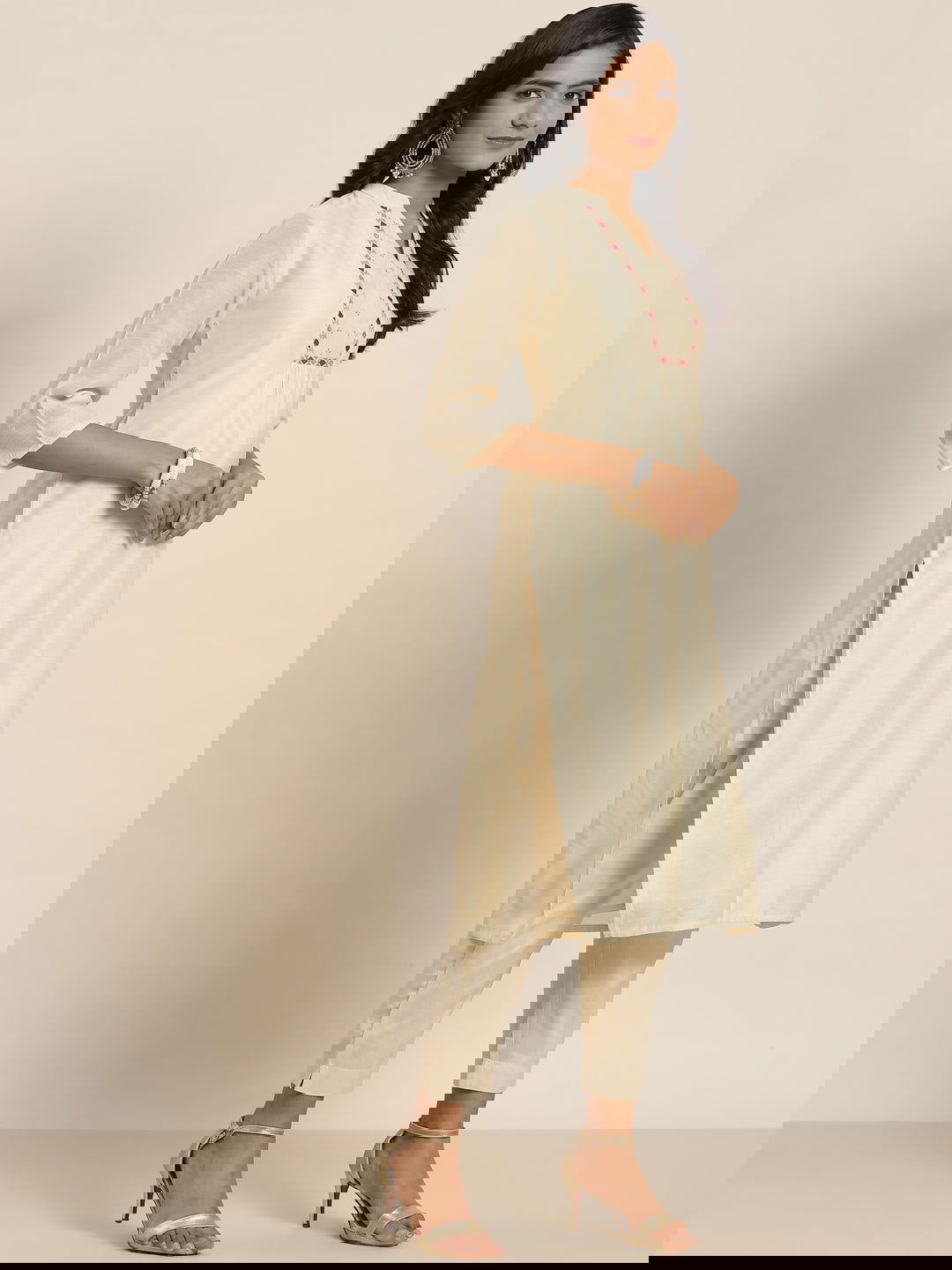 Juniper Beige Chanderi Solid Kurta Pants & Kota Doria Dupatta Set With Tassels Sequins & Mirror Embroidery 