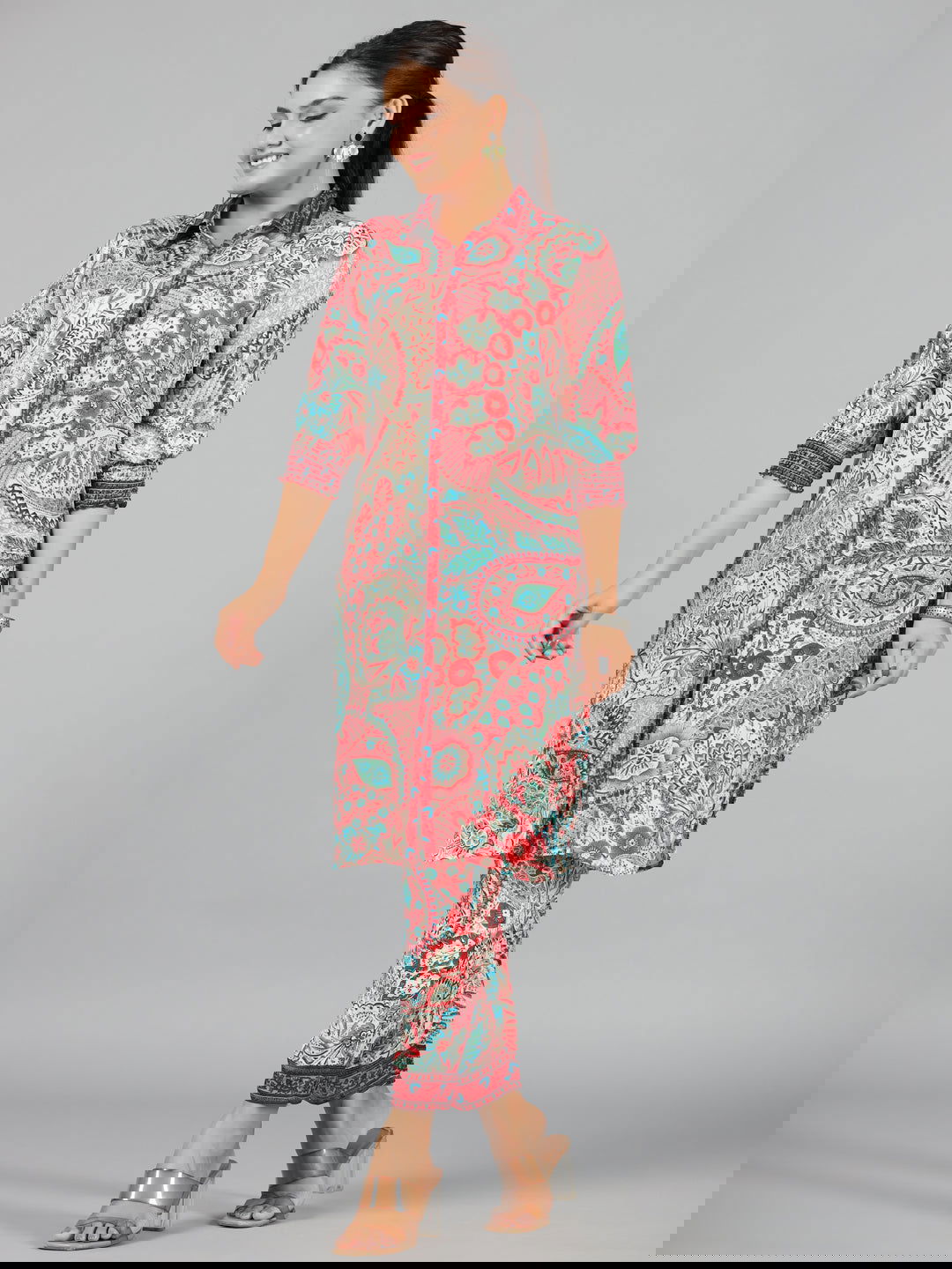 Juniper  Beige Ethnic Motif Kasturi Silk Tunic & Pants With Sequins Work 