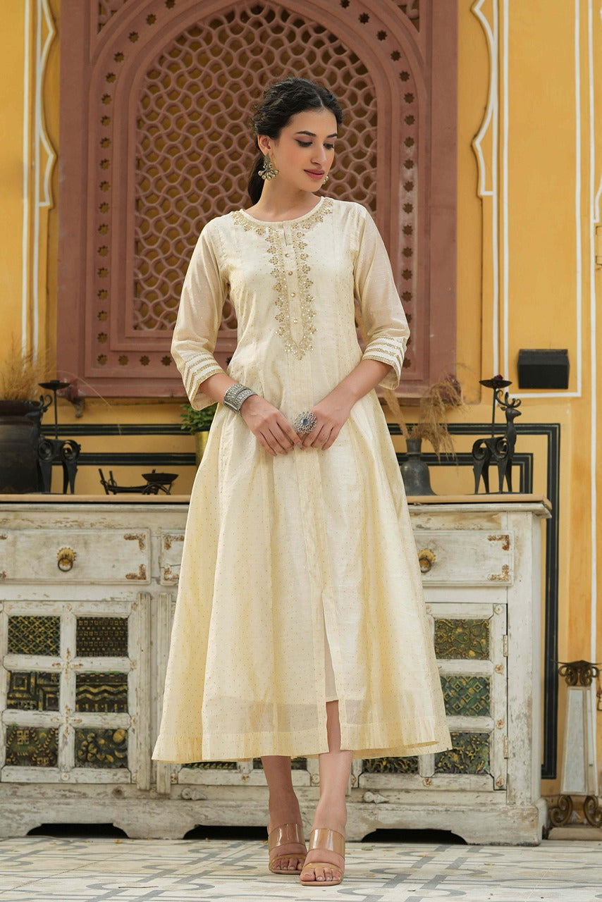 Juniper Beige Ethnic Motif Printed Chanderi Kalidar Kurta With Zari Work Embroidery 