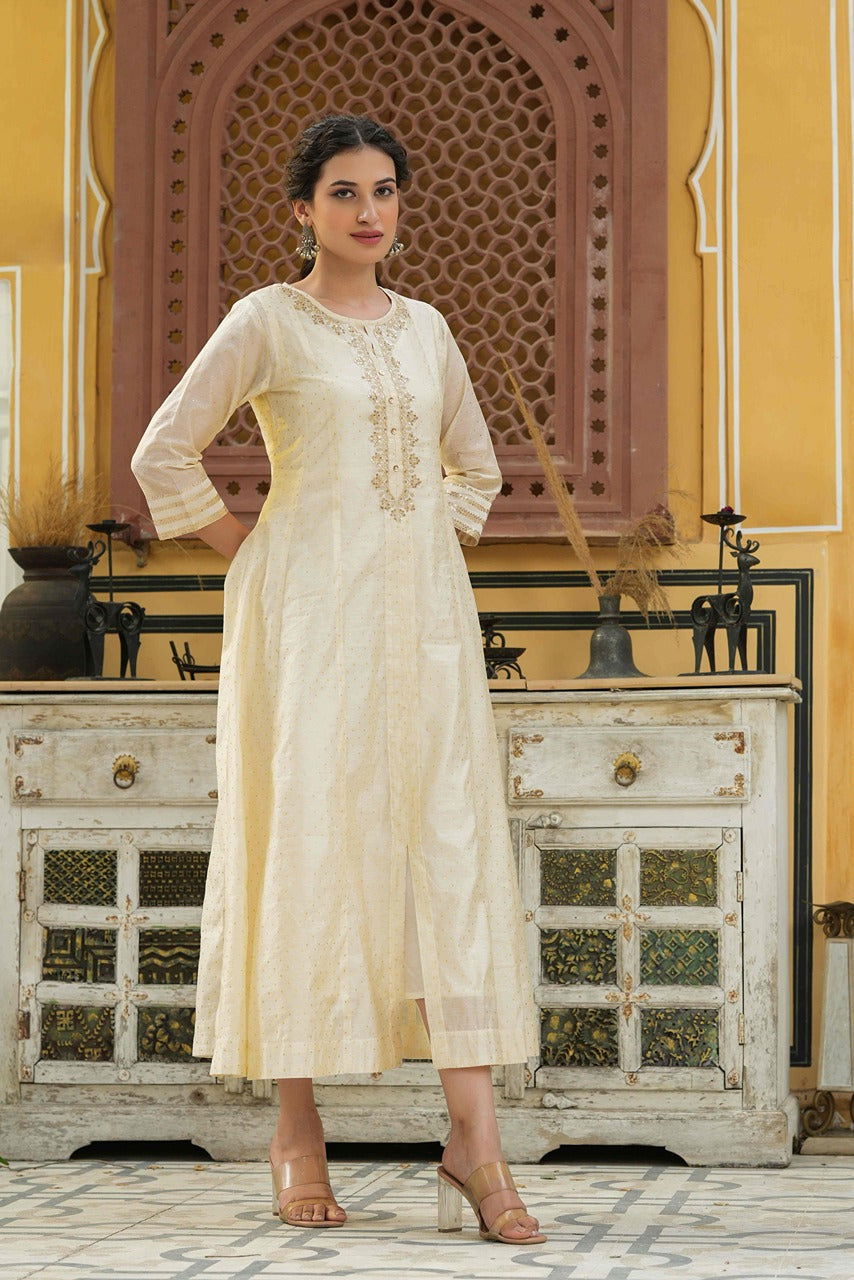 Juniper Beige Ethnic Motif Printed Chanderi Kalidar Kurta With Zari Work Embroidery 