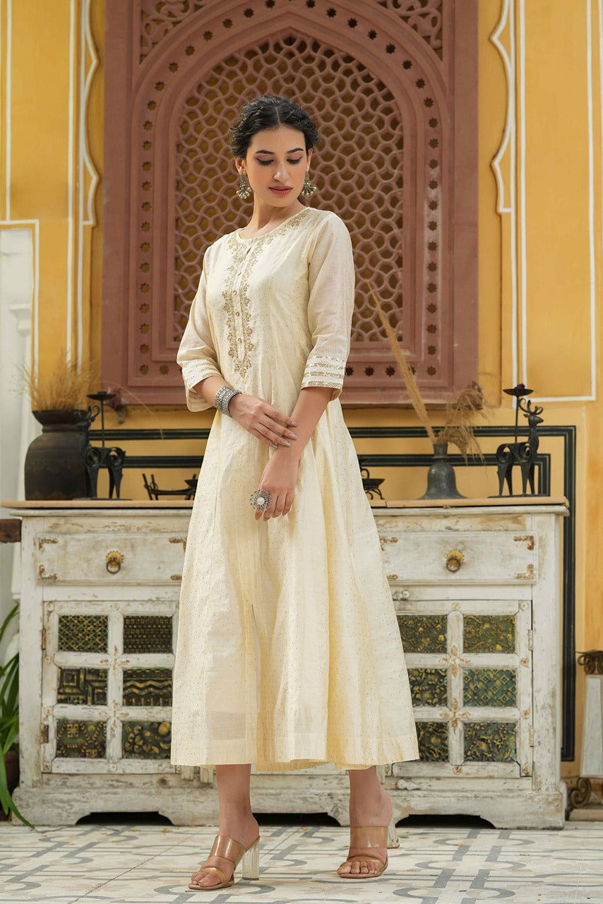 Juniper Beige Ethnic Motif Printed Chanderi Kalidar Kurta With Zari Work Embroidery 