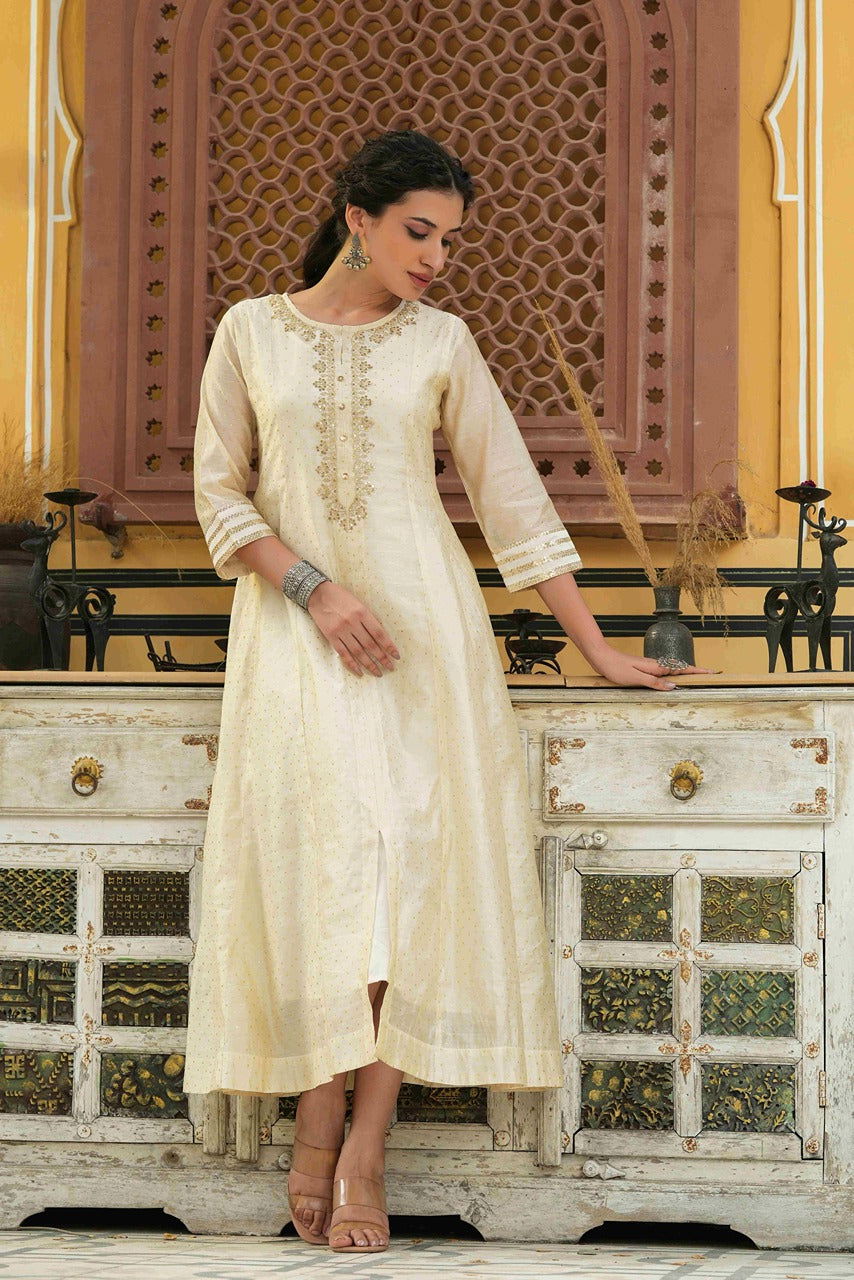 Juniper Beige Ethnic Motif Printed Chanderi Kalidar Kurta With Zari Work Embroidery 