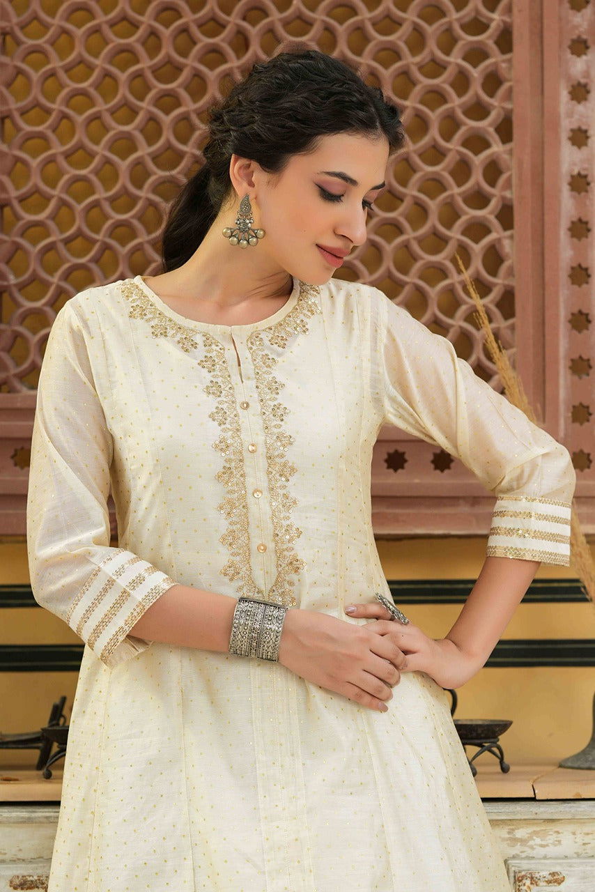 Juniper Beige Ethnic Motif Printed Chanderi Kalidar Kurta With Zari Work Embroidery 