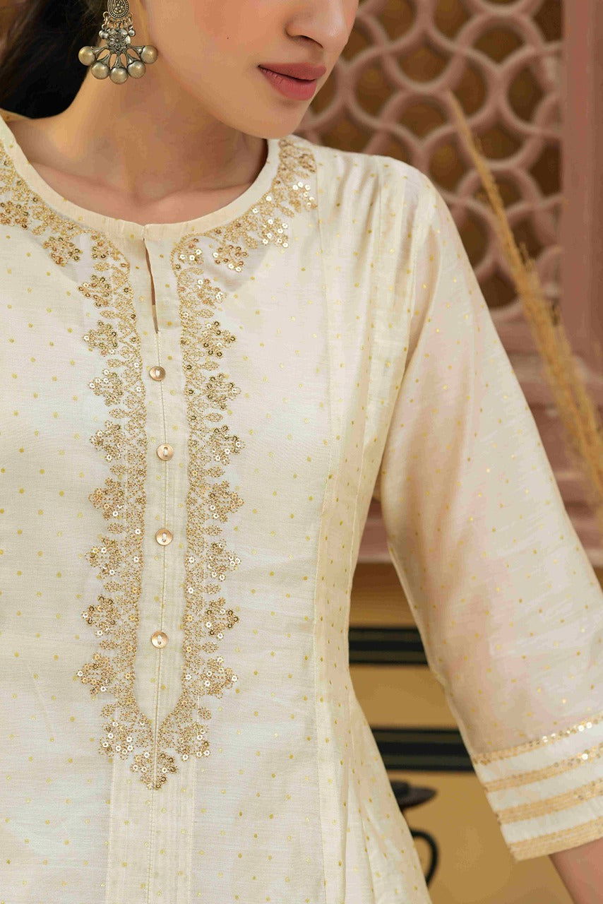 Juniper Beige Ethnic Motif Printed Chanderi Kalidar Kurta With Zari Work Embroidery 