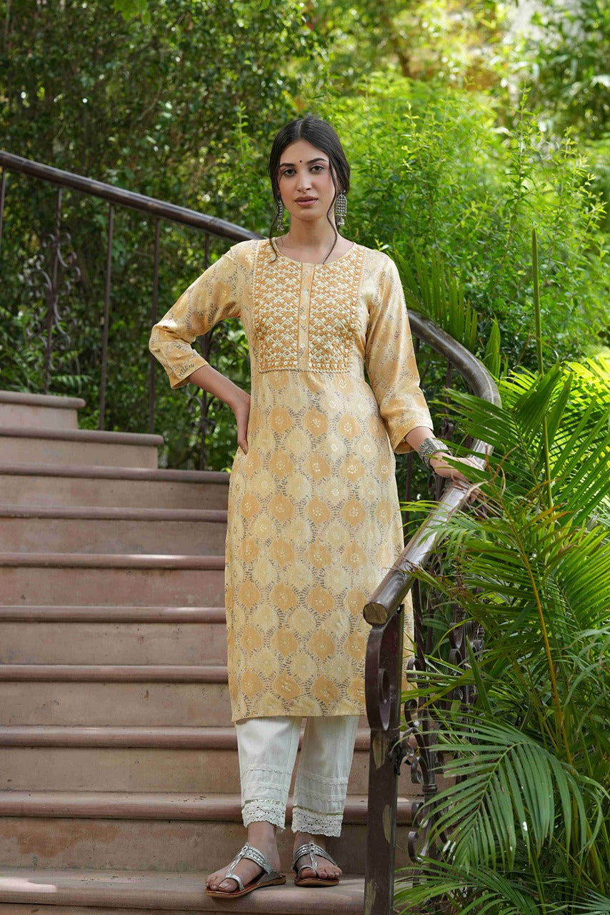 Juniper Beige Ethnic Motif Printed & Embroidered Muslin Kurta 